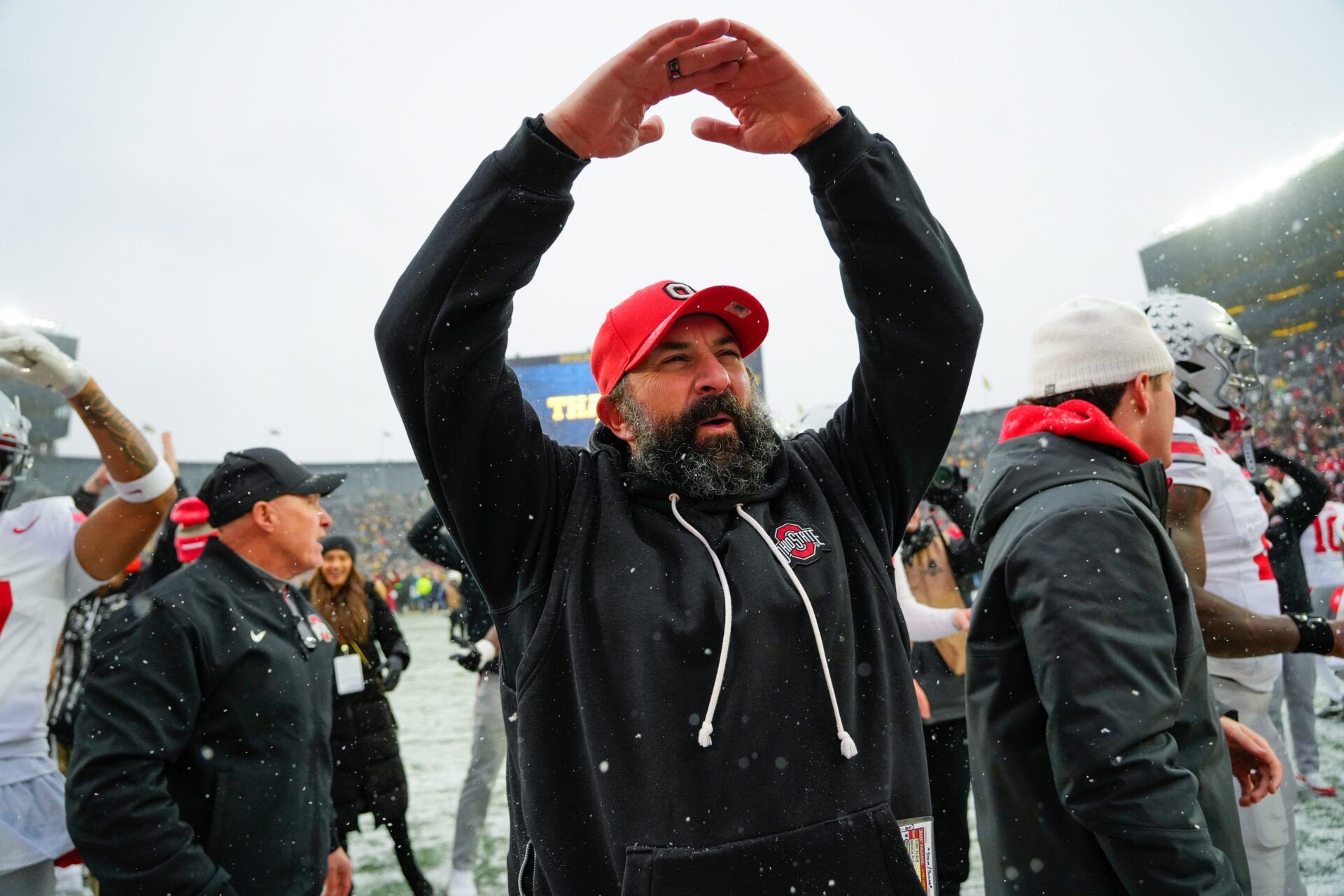 Ohio State Buckeyes defensive coordinator Matt Patricia celebrates after defeating the Michigan Wolverines in the NCAA football game at Michigan Stadium on Saturday, Nov. 29, 2025 in Ann Arbor, Michigan.