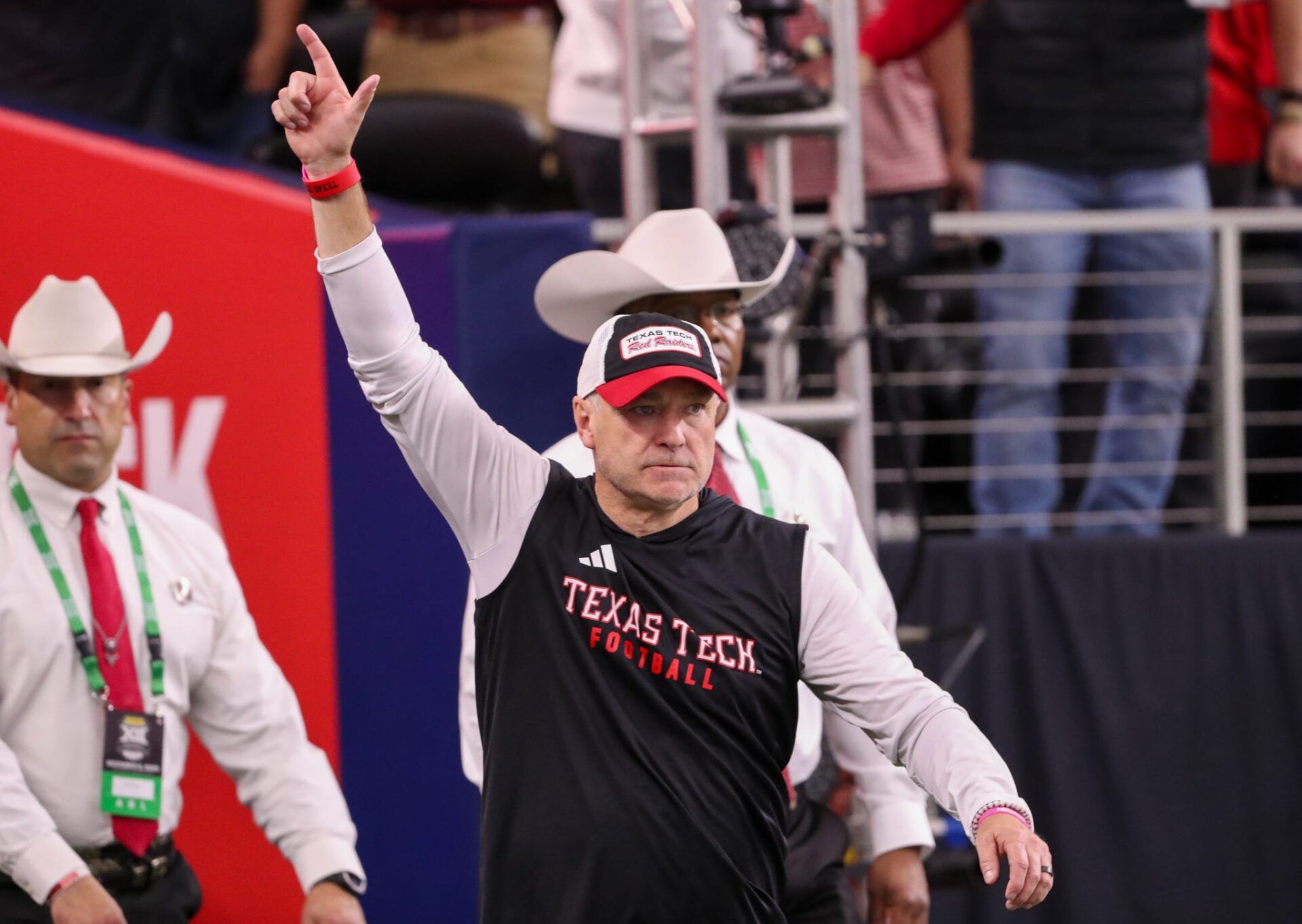 Texas Tech head coach Joey McGuire enters the field before the Big 12 Conference championship football game, Saturday, Nov. 6, 2025, at AT&T Stadium in Arlington.