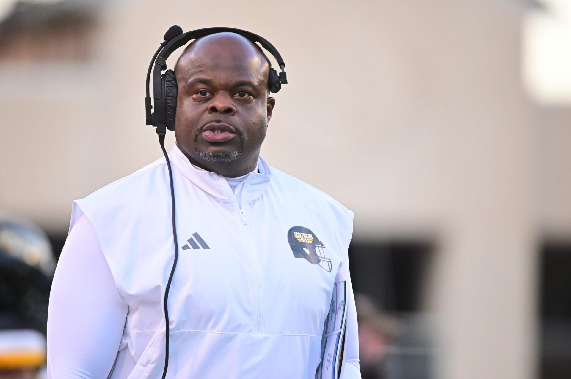 Southern Miss Golden Eagles head coach Charles Huff walks down the sidelines against the Texas State Bobcats at M.M. Roberts Stadium in Hattiesburg,Miss, on Nov. 15, 2025.