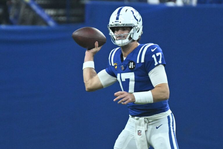 Indianapolis Colts quarterback Daniel Jones (17) throws during the first half against the Houston Texans at Lucas Oil Stadium.