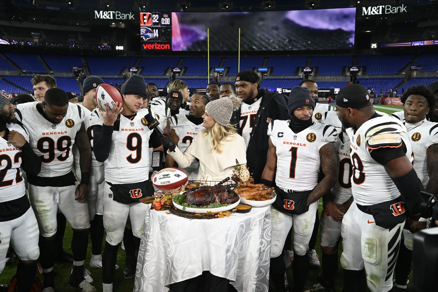 Cincinnati Bengals quarterback Joe Burrow (9) speaks to the media after the game at M&T Bank Stadium.