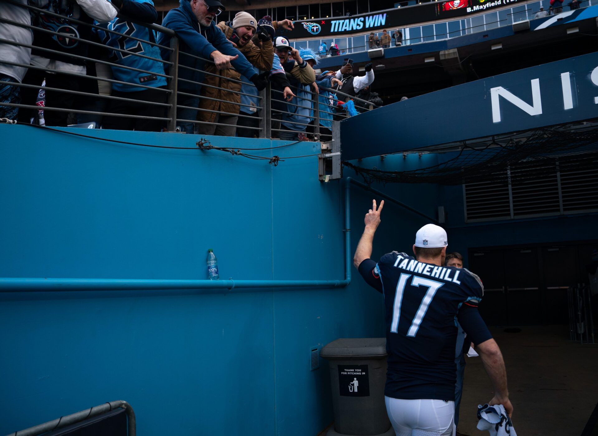 Tennessee Titans quarterback Ryan Tannehill (17) acknowledges the Titans fans after their game against the Jacksonville Jaguars at Nissan Stadium in Nashville, Tenn., Sunday, Jan. 7, 2024. The Titans beat the Jaguars 28-20 to knock them out of the playoffs.