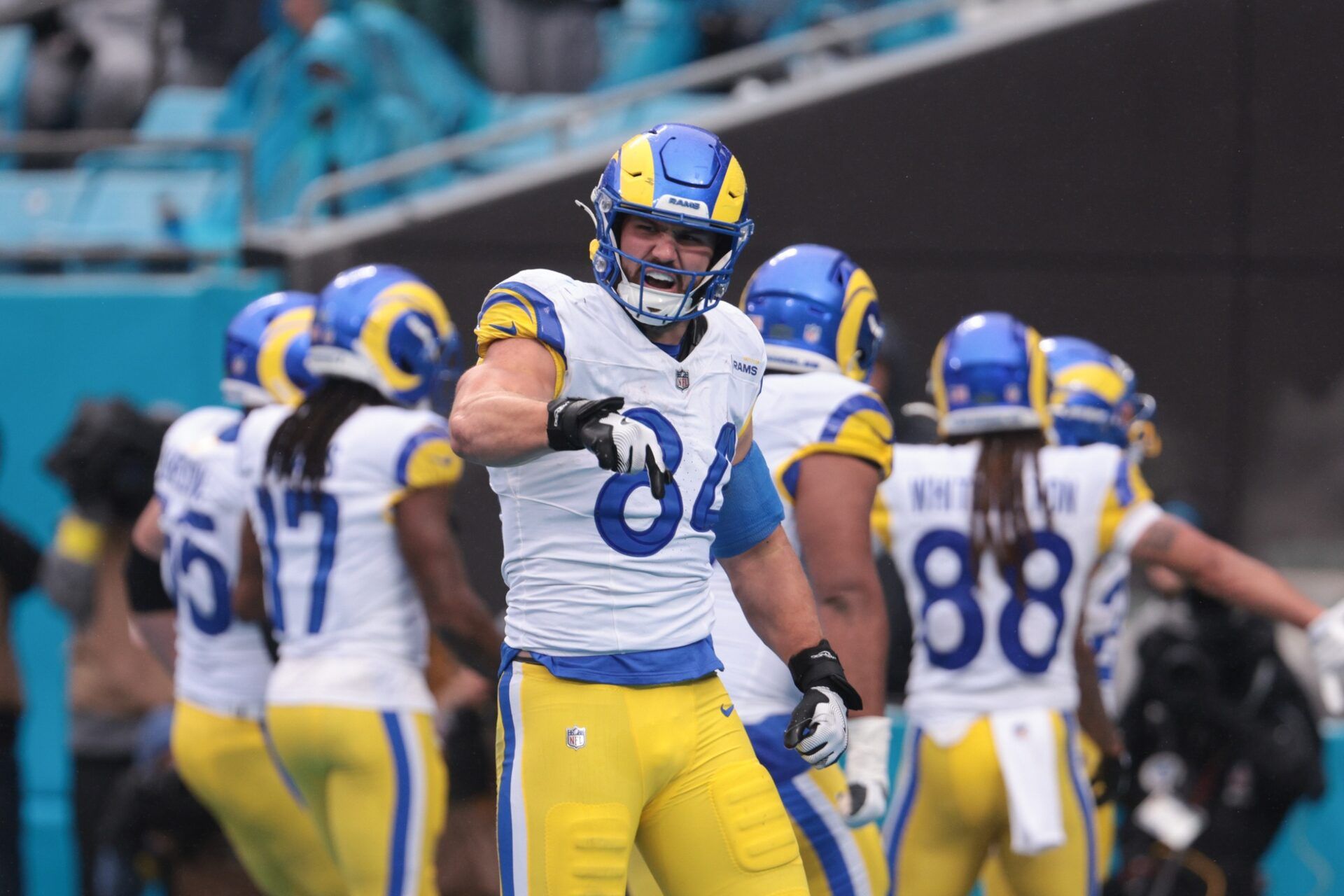 Los Angeles Rams tight end Colby Parkinson (84) celebrates after a play during the fourth quarter against the Carolina Panthers at Bank of America Stadium.