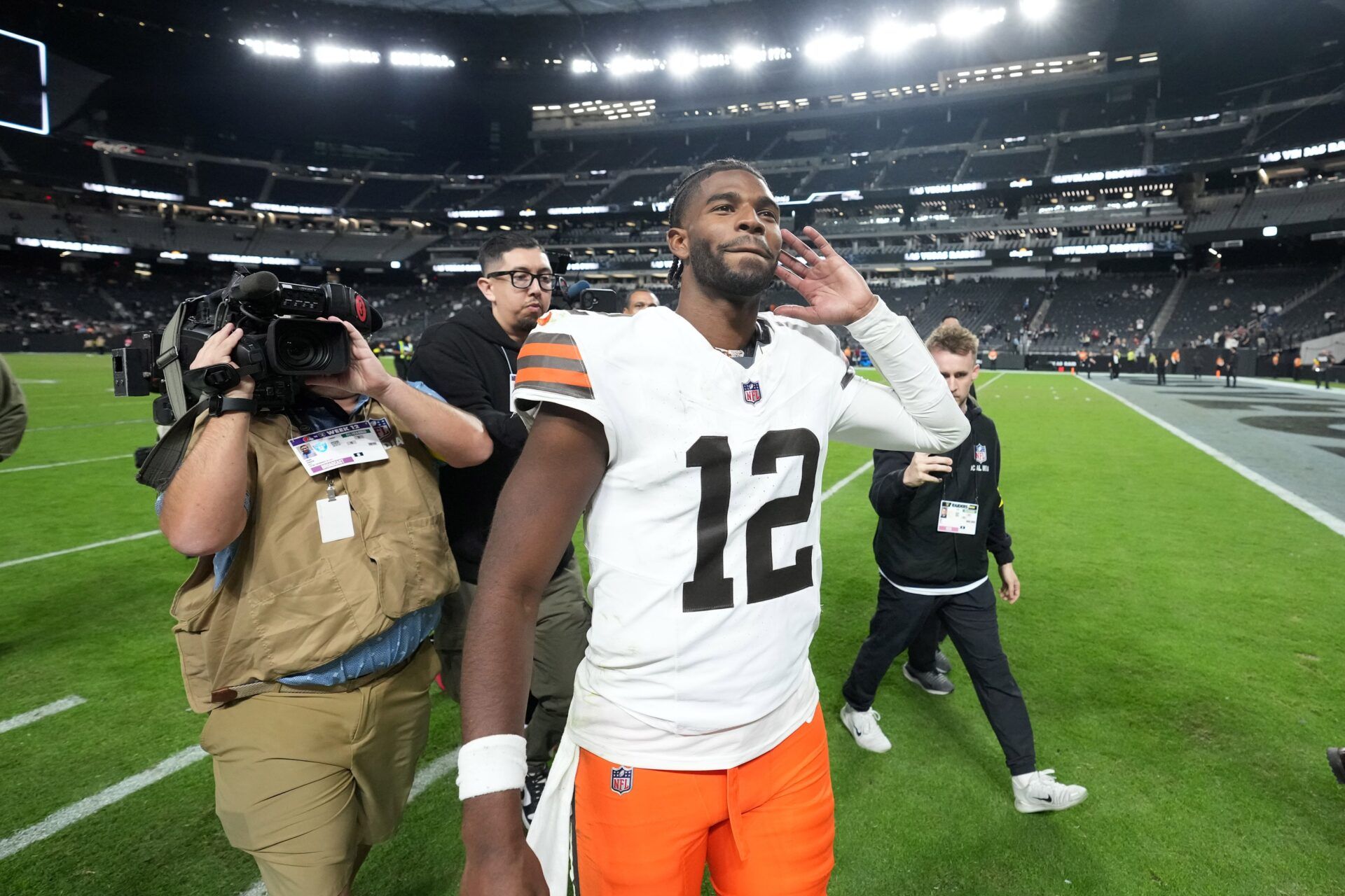Cleveland Browns quarterback Shedeur Sanders (12) reacts at the end of the game against the Las Vegas Raiders at Allegiant Stadium.