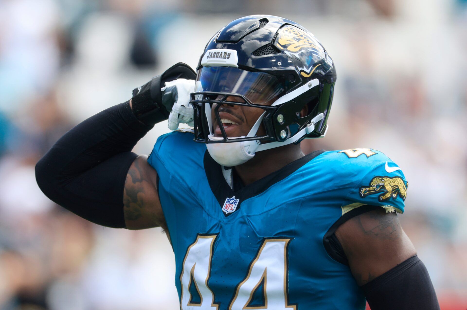 Jacksonville Jaguars defensive end Travon Walker (44) flexes after a sack on Houston Texans quarterback CJ. Stroud (7) during the first quarter of an NFL football matchup at EverBank Stadium, Sunday, Sept. 21, 2025, in Jacksonville, Fla. The Jaguars defeated the Texans 17-10.