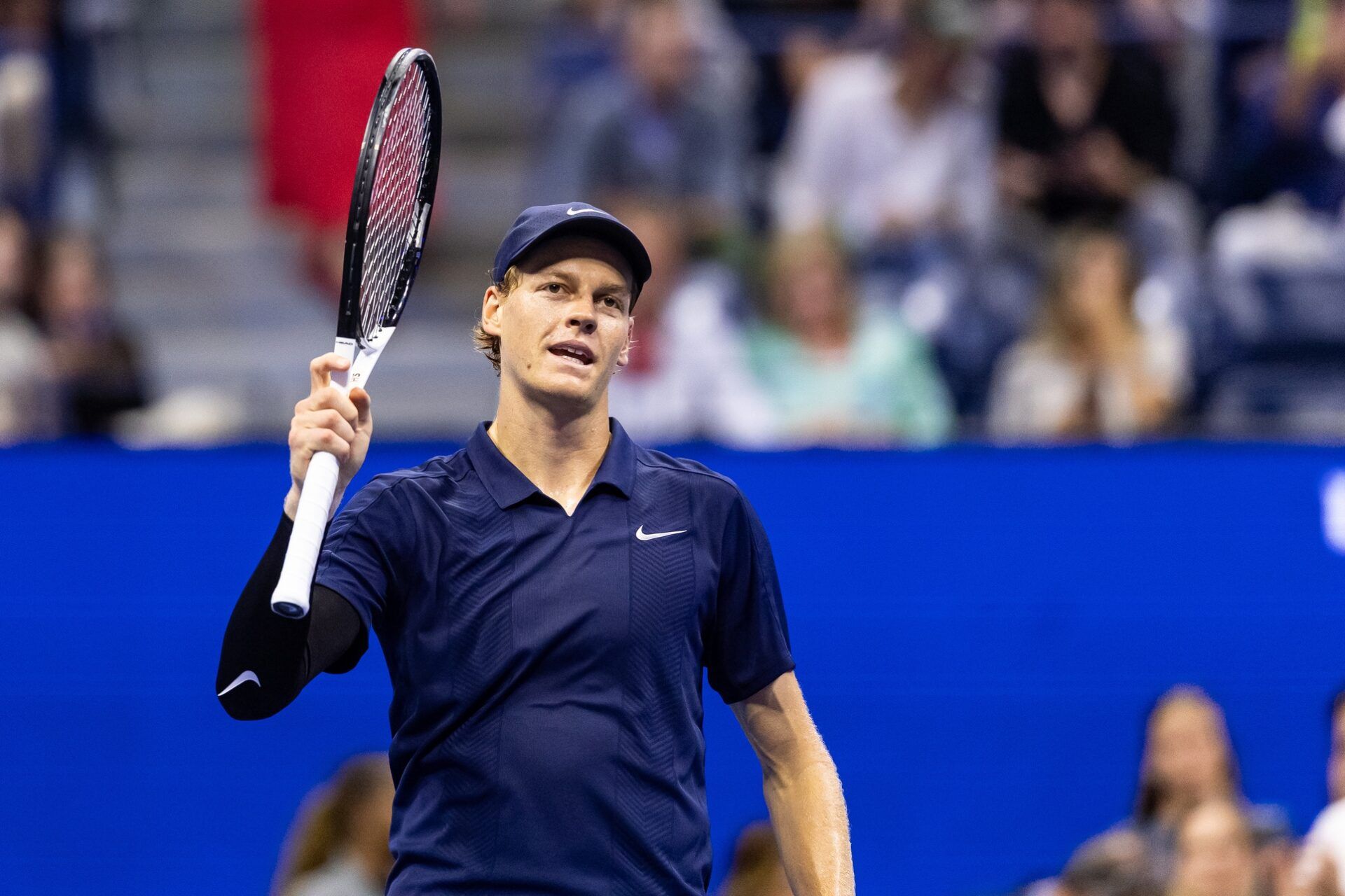 Jannik Sinner of Italy celebrates his victory over Alexander Bublik of Kazakhstan in the fourth round of the men’s singles at the US Open at Arthur Ashe Stadium in Billie Jean King National Tennis Center.