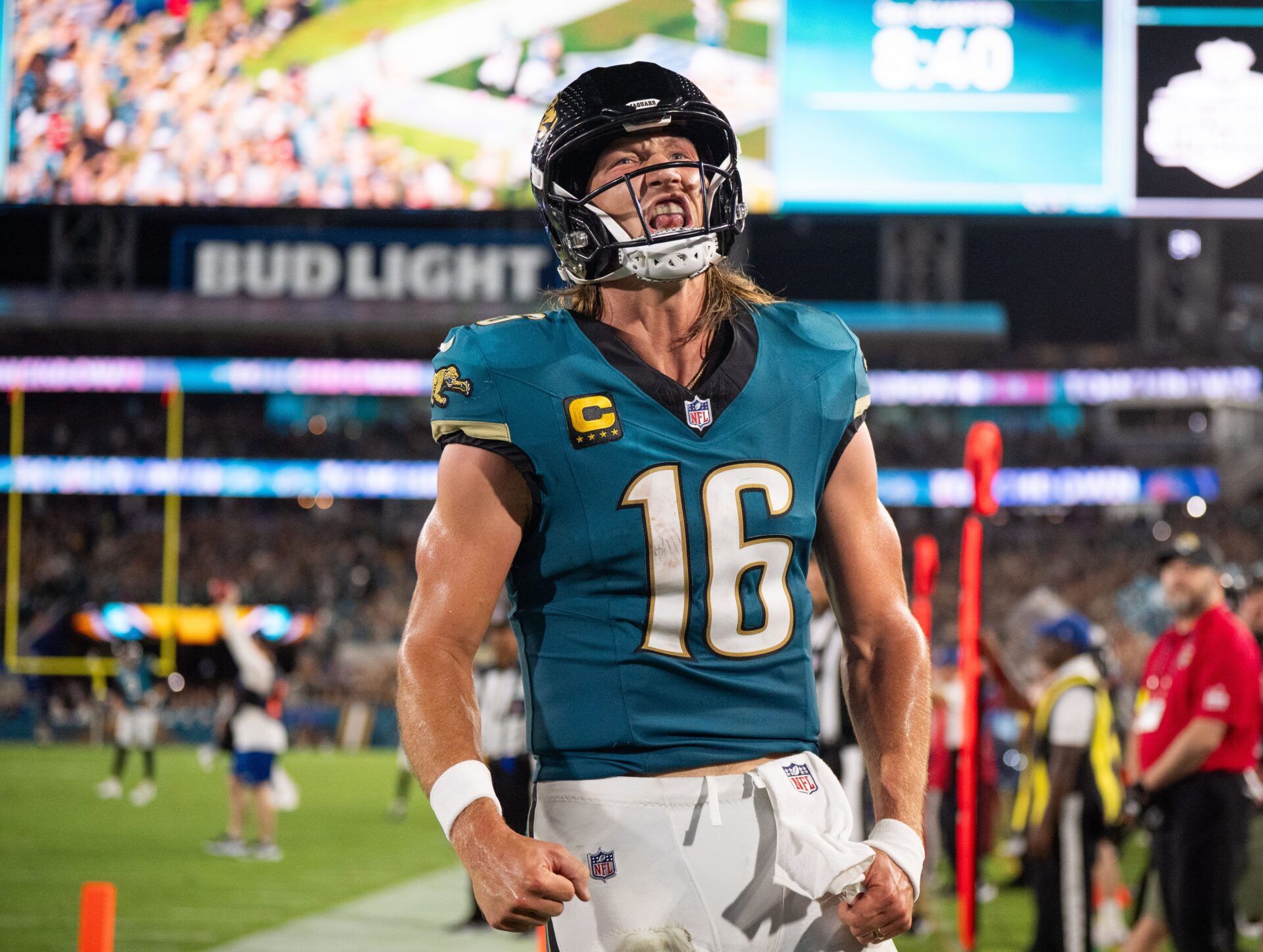 Jacksonville Jaguars quarterback Trevor Lawrence (16) celebrates his touchdown in the third quarter during a Monday Night NFL football game at EverBank Stadium, Monday, Oct. 6, 2025, in Jacksonville, Fla. [Doug EngleFlorida Times-Union]