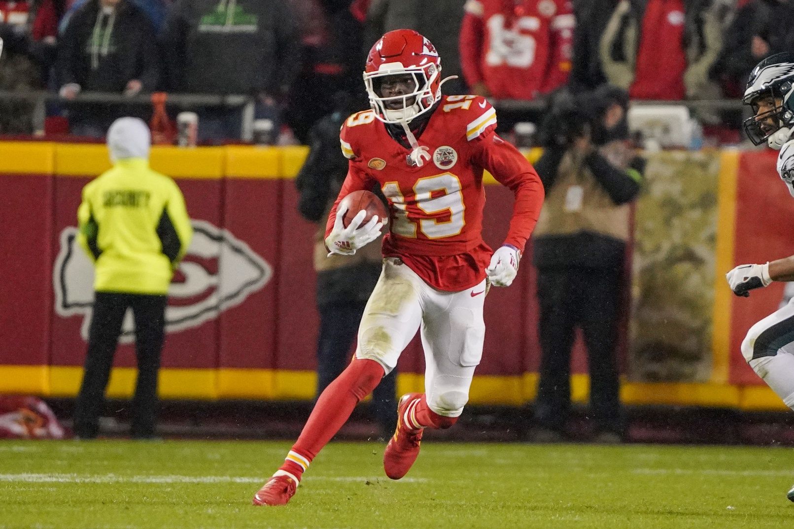 Kansas City Chiefs wide receiver Kadarius Toney (19) returns a kick against the Philadelphia Eagles during the second half at GEHA Field at Arrowhead Stadium.
