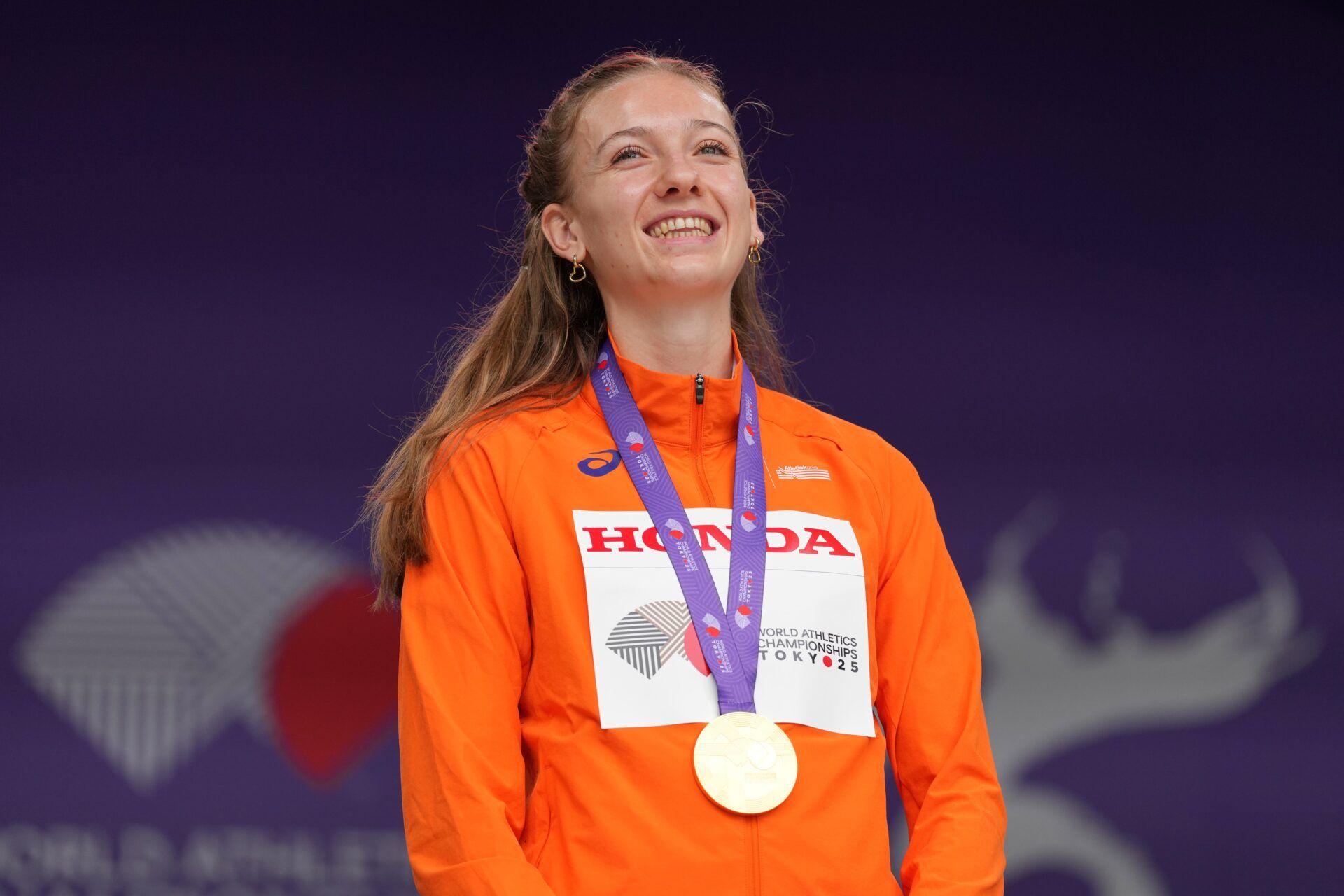 Femke Bol (NED) poses with gold medal duirng the women's 400m hurdles ceremony during the World Athletics Championships at National Stadium.
