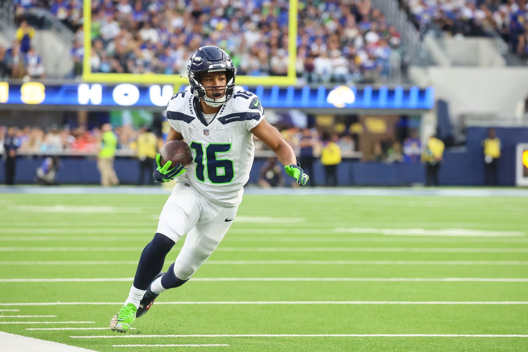 `’Jan 5, 2025; Inglewood, California, USA;  Seattle Seahawks Wide Receiver Tyler Lockett 
(16) runs down the field baseline at SoFi Stadium for the Seattle Seahawks at Los Angeles Rams Week 18 matchup.
