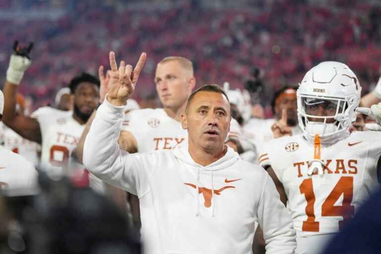 Texas Longhorns head coach Steve Sarkisian gestures after a game against the Georgia Bulldogs at Sanford Stadium.