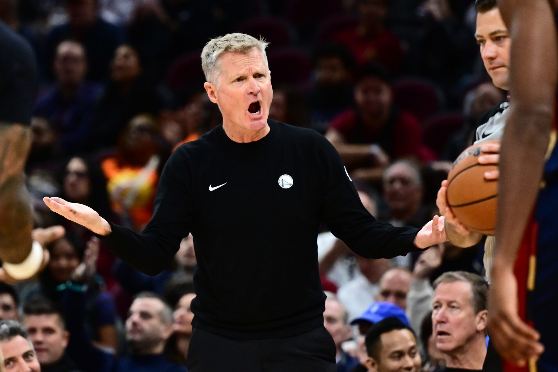 Golden State Warriors head coach Steve Kerr reacts against the Cleveland Cavaliers during the second half at Rocket Arena.