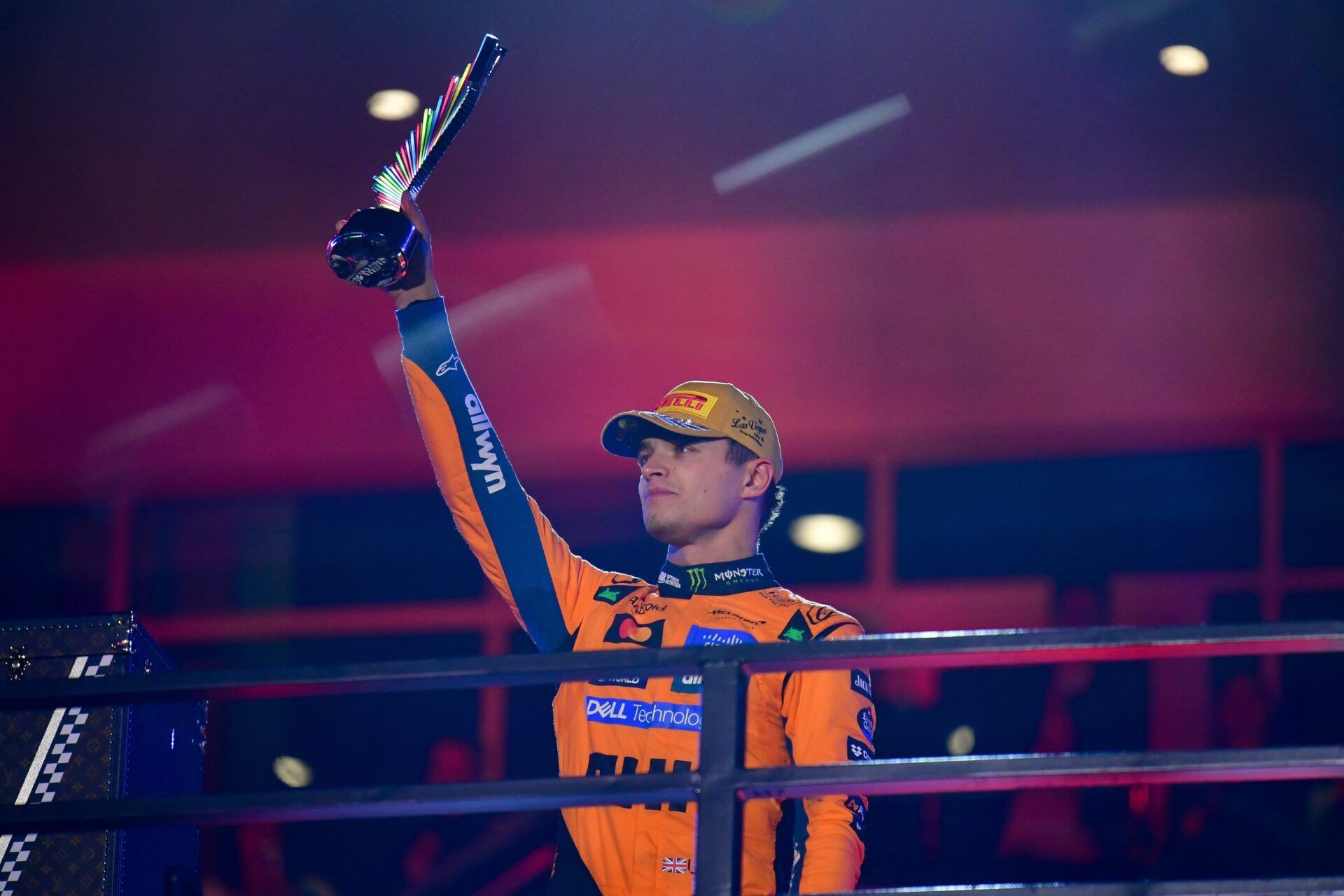 McLaren driver Lando Norris (4) reacts after placing second in the Las Vegas Grand Prix at Las Vegas Strip Circuit.