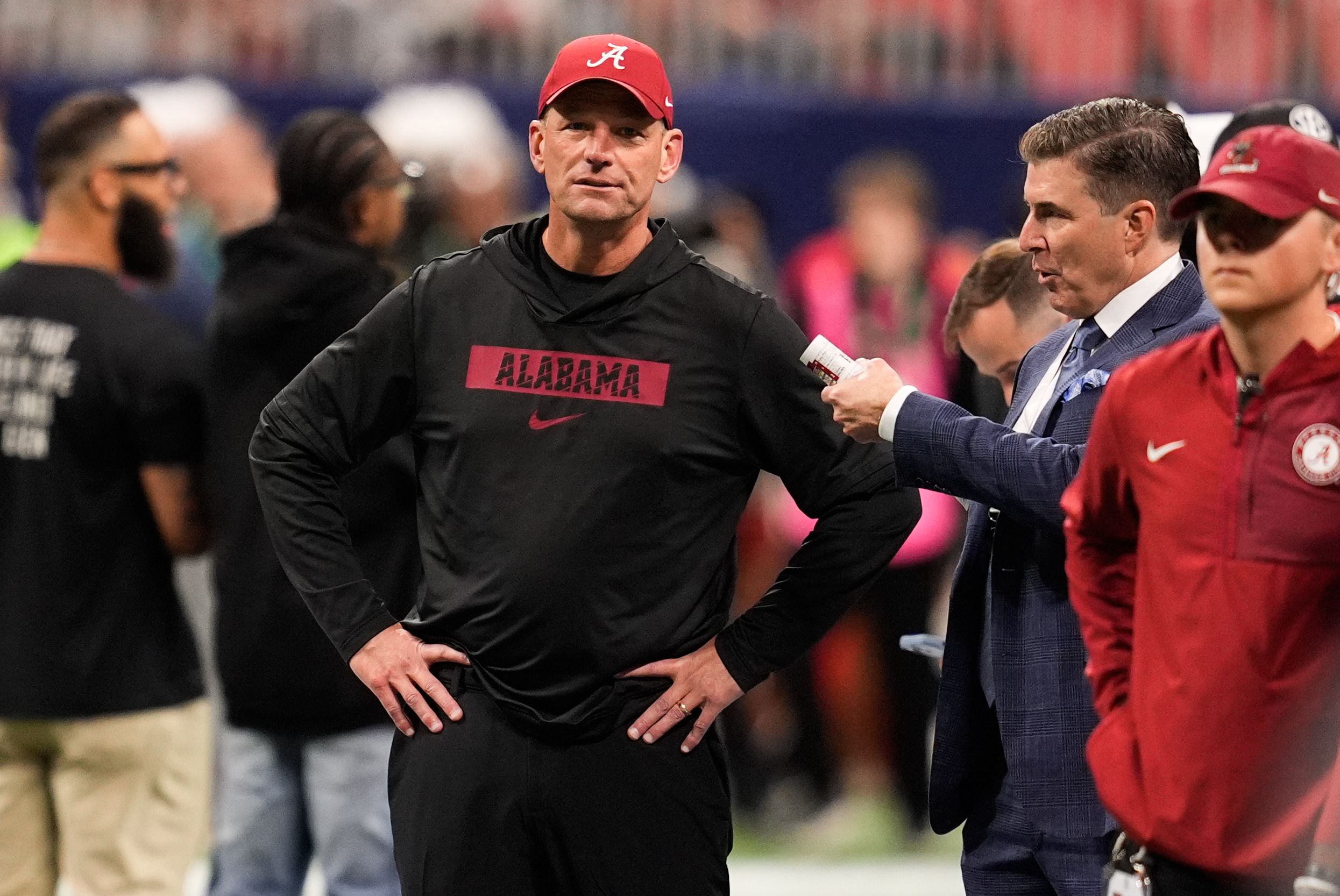 Alabama Crimson Tide head coach Kalen Deboer looks on before the game against the Georgia Bulldogs during the 2025 SEC Championship game at Mercedes-Benz Stadium.