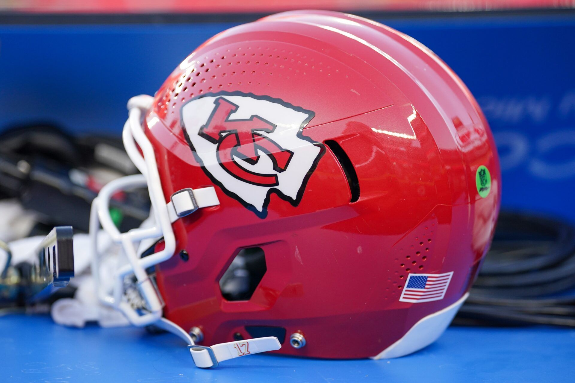 A general view of a Kansas City Chiefs helmet against the Baltimore Ravens after the game at GEHA Field at Arrowhead Stadium.