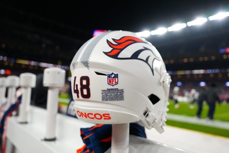 Detailed view of the helmet worn by Denver Broncos long snapper Mitchell Fraboni (48) (not pictured) before the game against the Cleveland Browns at Empower Field at Mile High.