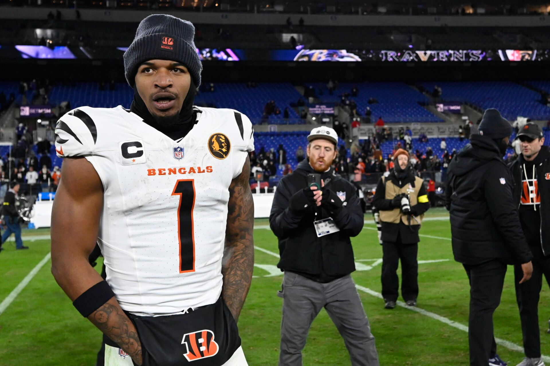 Cincinnati Bengals wide receiver Ja'Marr Chase (1) on the field after the game against the Baltimore Ravens at M&T Bank Stadium.