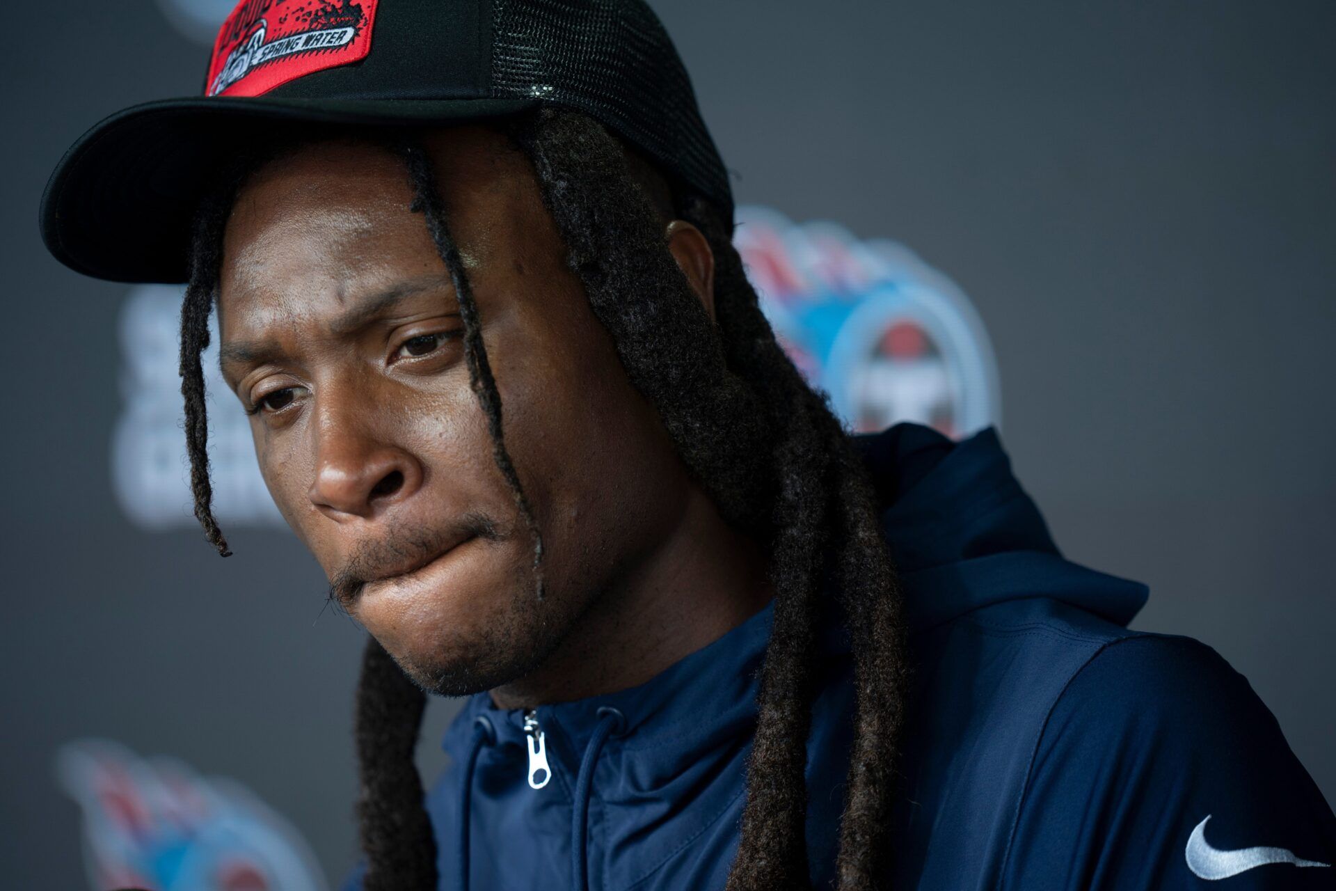 Tennessee Titans wide receiver DeAndre Hopkins fields questions from the media on the second day of training camp Thursday, July 25, 2024.