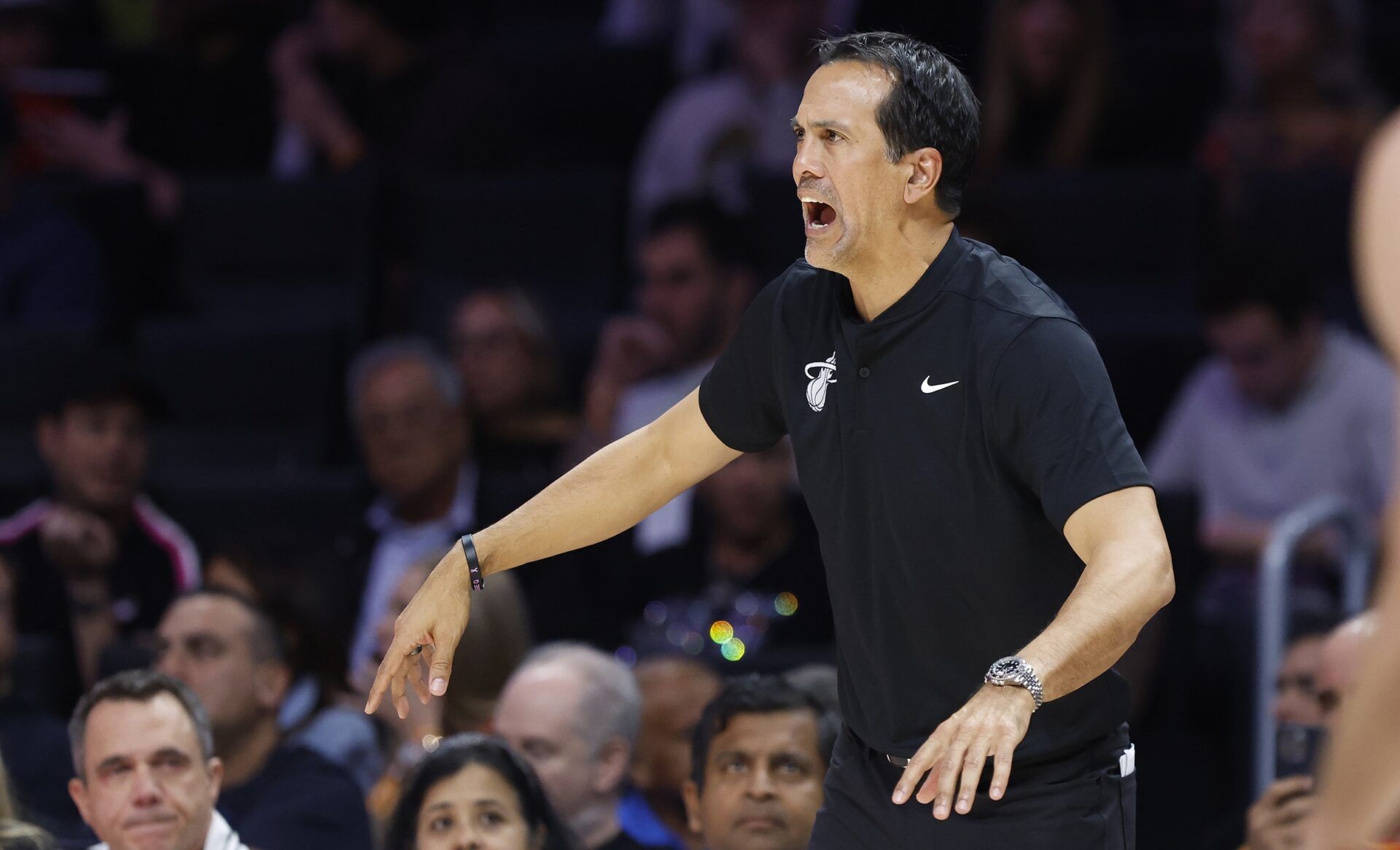 Miami Heat head coach Erik Spoelstra reacts against the Sacramento Kings during the second half at Kaseya Center.