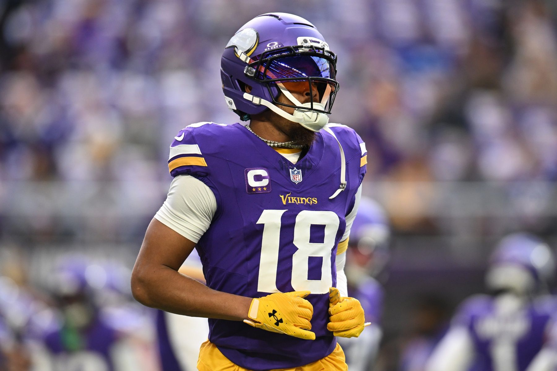 Minnesota Vikings wide receiver Justin Jefferson (18) practices before the game at U.S. Bank Stadium.