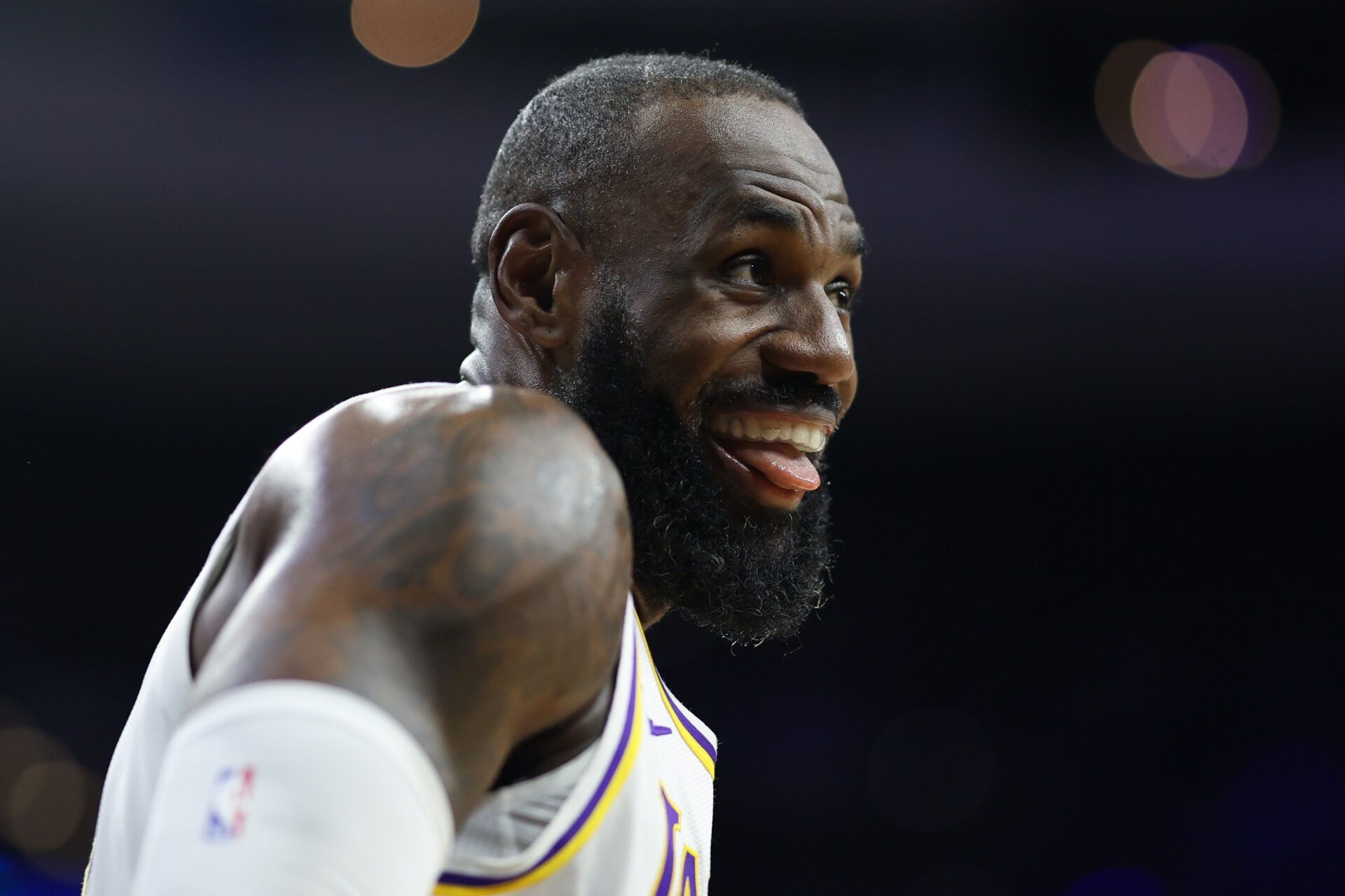 Los Angeles Lakers forward Lebron James (23) reacts to a play against the Philadelphia 76ers during the second quarter at Xfinity Mobile Arena.