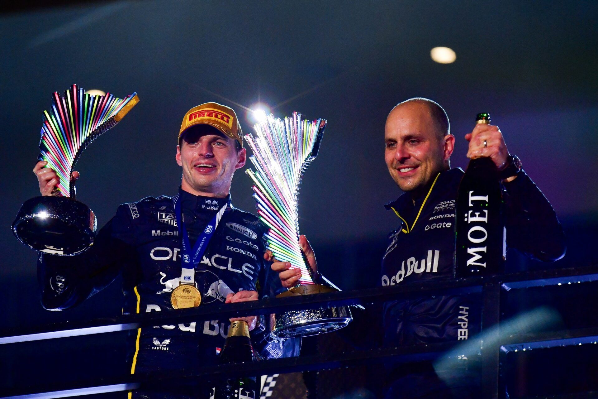 Red Bull Racing driver Max Verstappen (1) celebrates his victory with race engineer Gianpiero Lambiase at Las Vegas Strip Circuit.