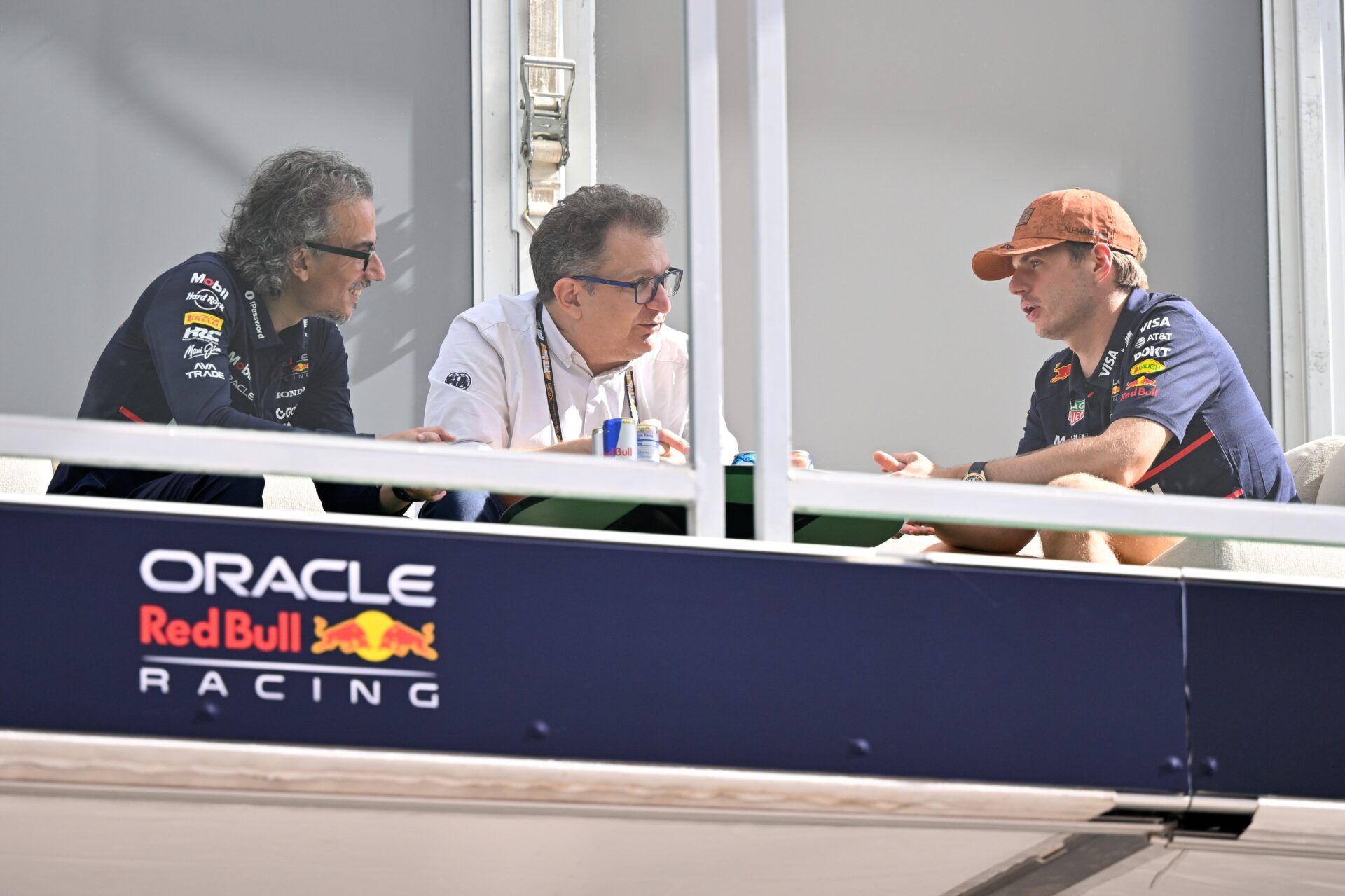 Oracle Red Bull Racing driver Max Verstappen (right) of Team Netherlands speaks with team principal Laurent Mekies (left) before practice for the US Grand Prix at Circuit of The Americas Austin.