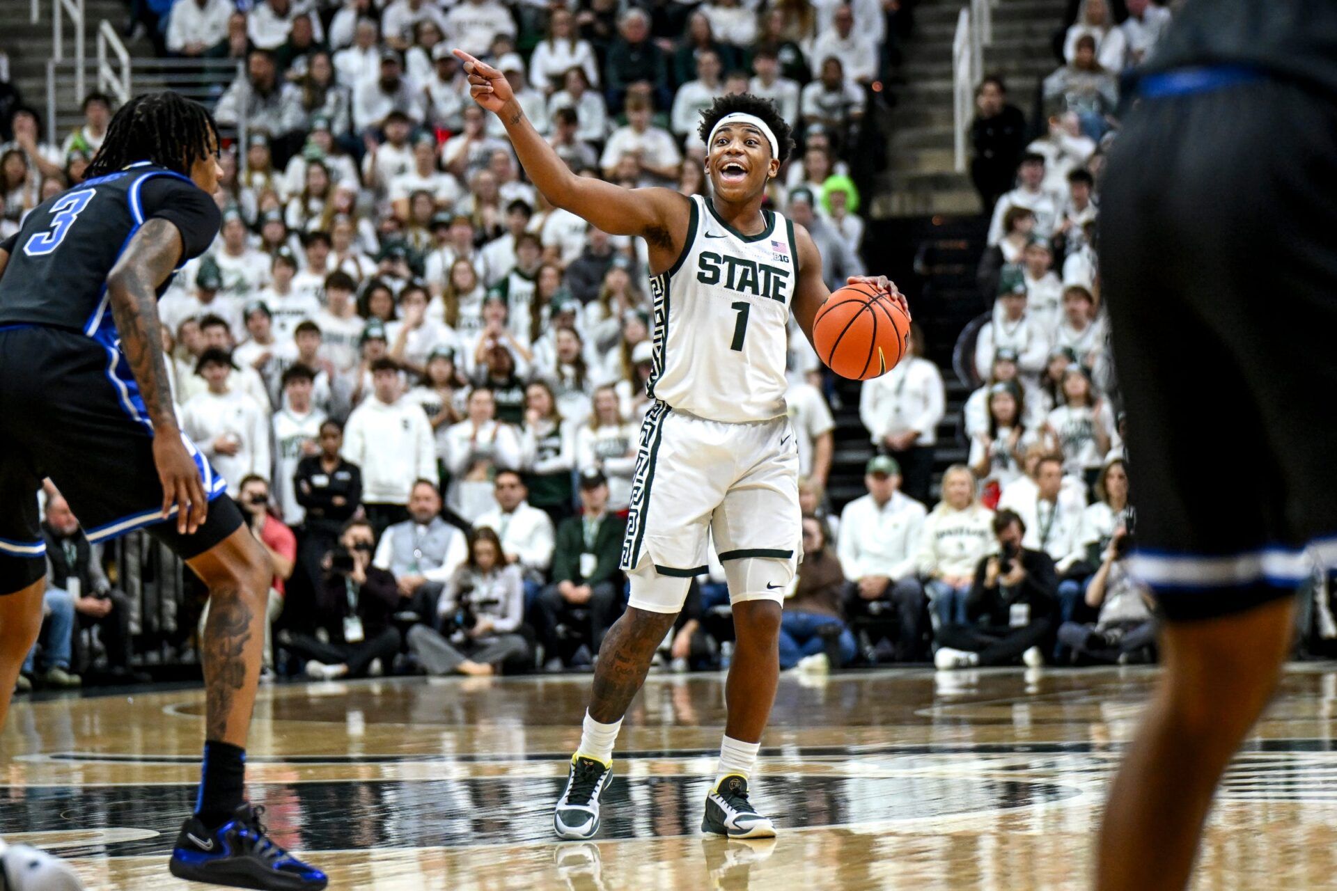 Michigan State's Jeremy Fears Jr. communicates to teammates against Duke during the first half on Saturday, Dec. 6, 2025, at the Breslin Center in East Lansing.