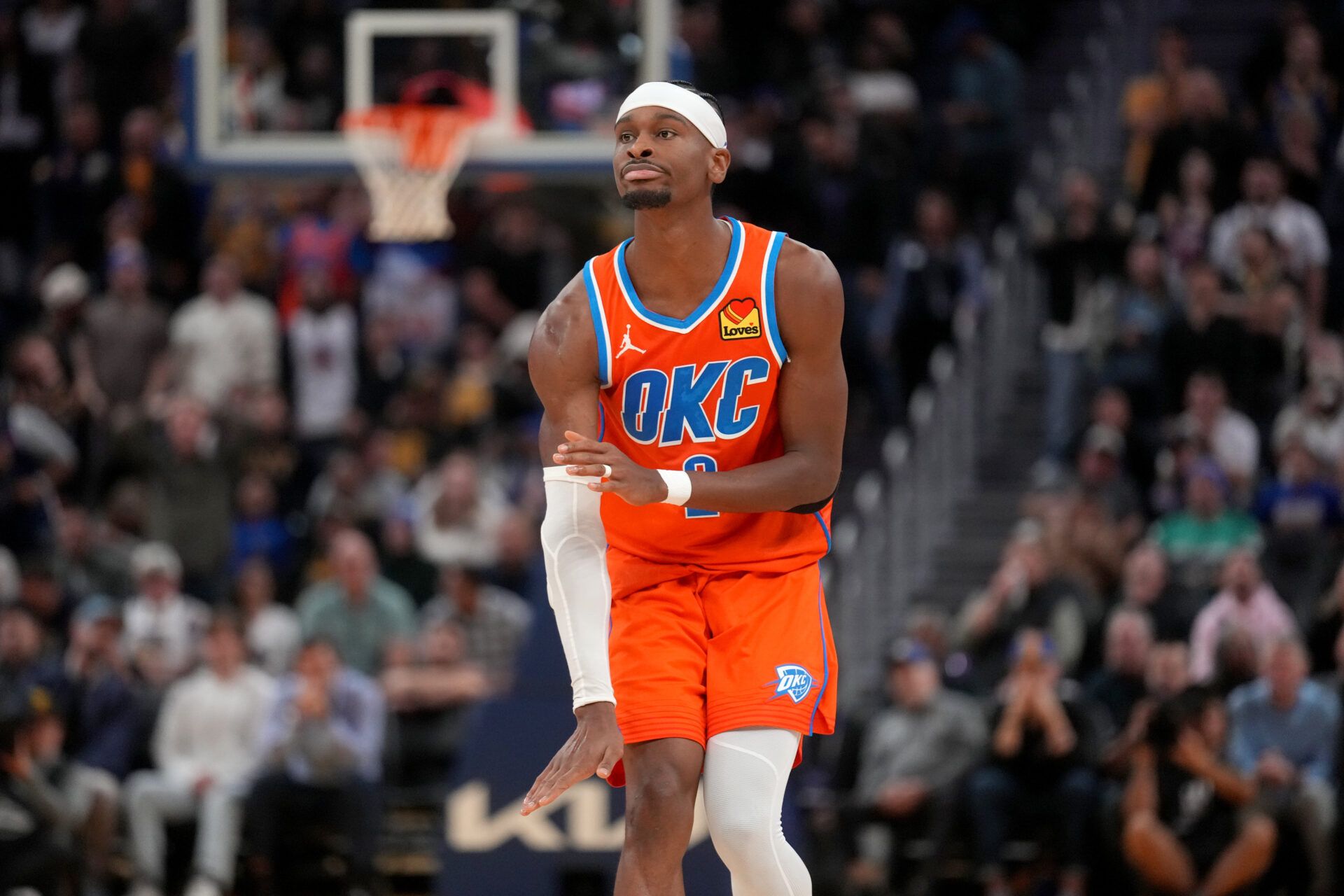 Oklahoma City Thunder guard Shai Gilgeous-Alexander (2) reacts after making a basket against the Golden State Warriors in the fourth quarter at the Chase Center.