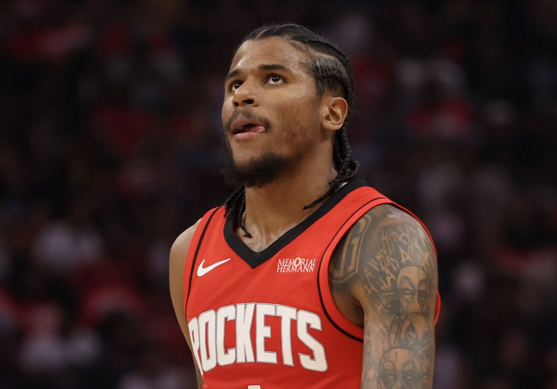 Houston Rockets guard Jalen Green (4) reacts while playing against the Golden State Warriors  in the second quarter during game five of first round for the 2025 NBA Playoffs at Toyota Center.