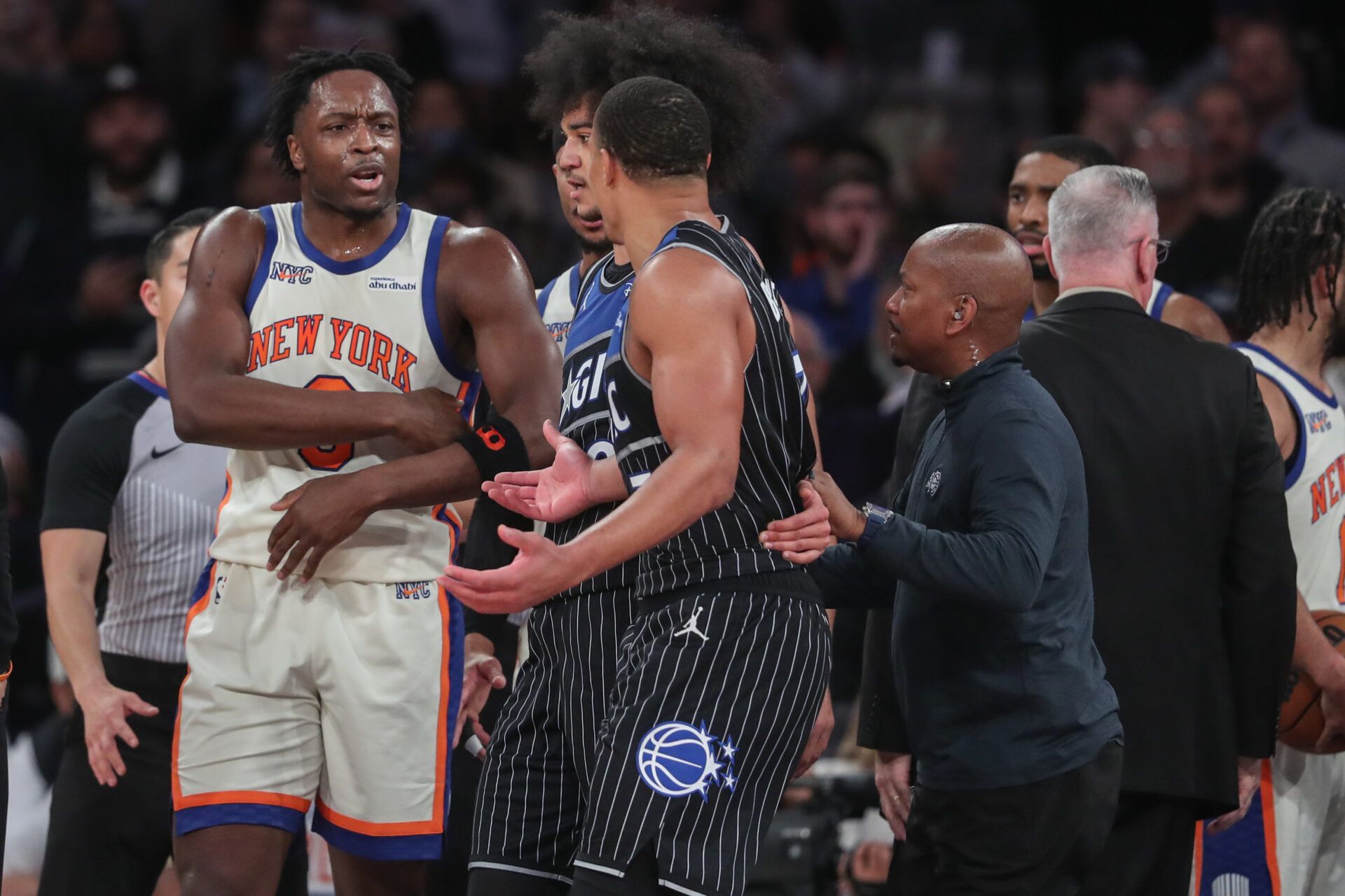 New York Knicks forward Og Anunoby (8) argues with Orlando Magic guard Desmond Bane (3) in the fourth quarter at Madison Square Garden.