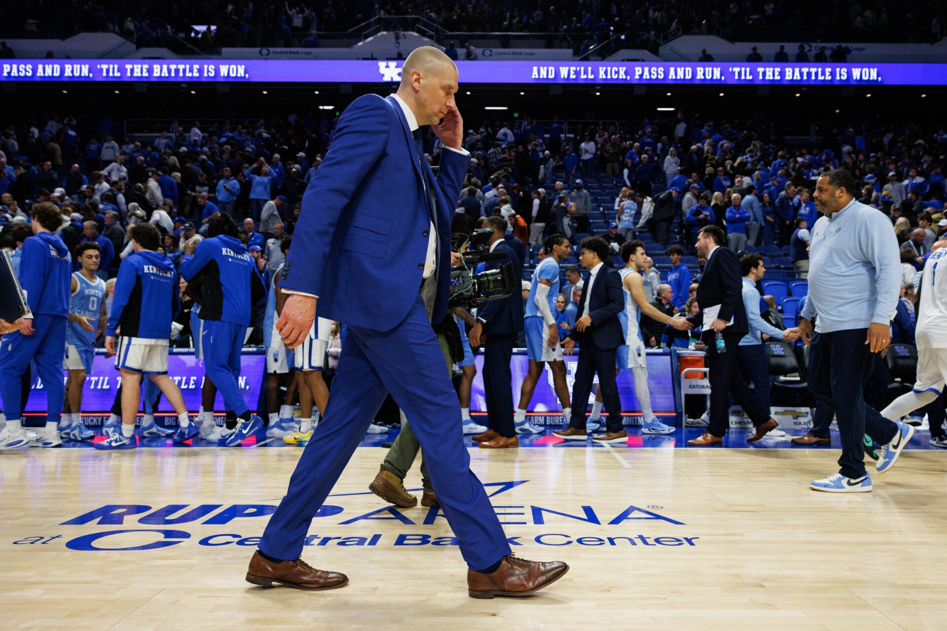 Kentucky Wildcats head coach Mark Pope walks off the court after the game against the North Carolina Tar Heels at Rupp Arena at Central Bank Center.