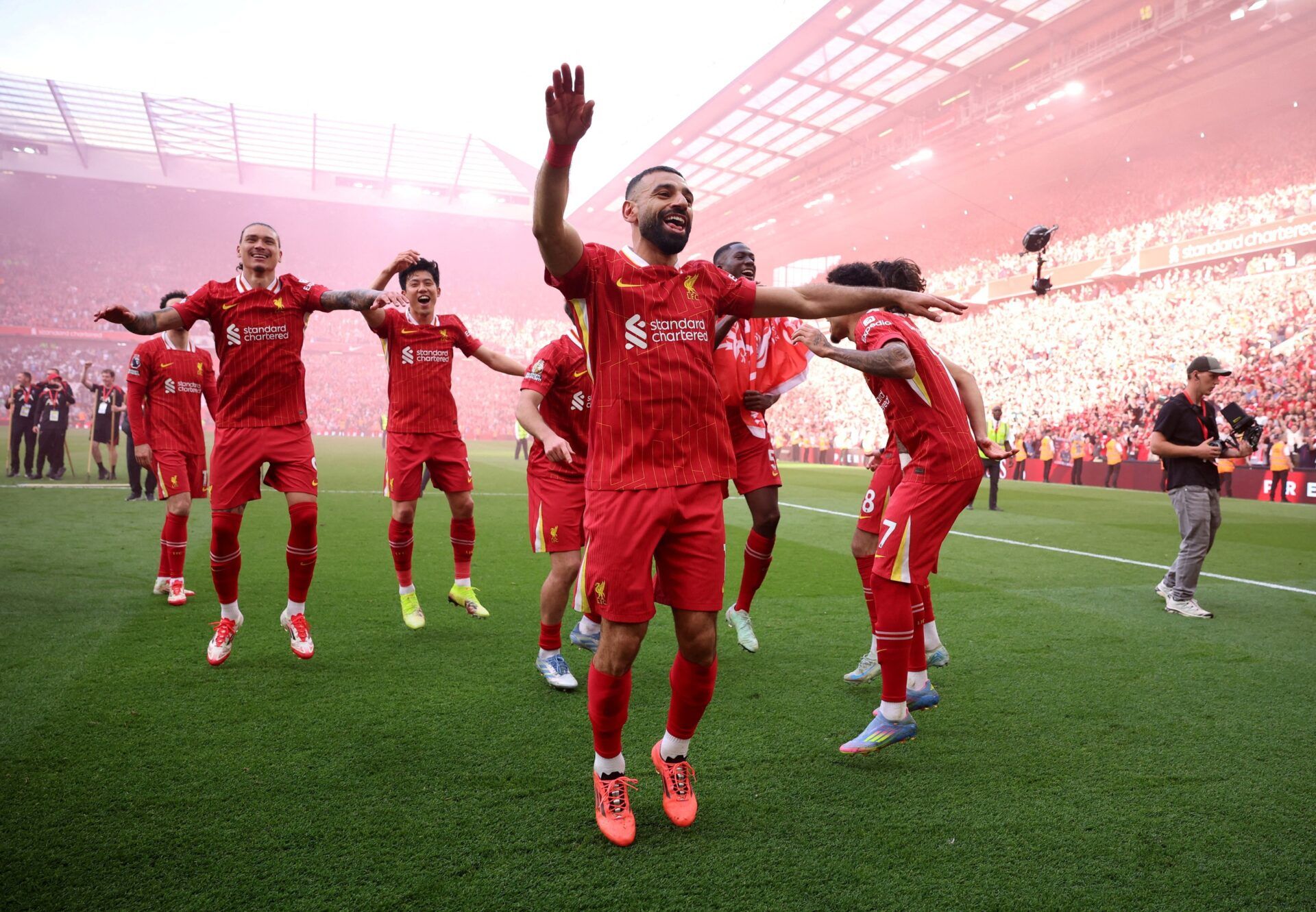 [US, Mexico & Canada customers only] April 27, 2025; Anfield, Liverpool, BRITAIN; Liverpool player Mohamed Salah celebrates after winning the Premier League.