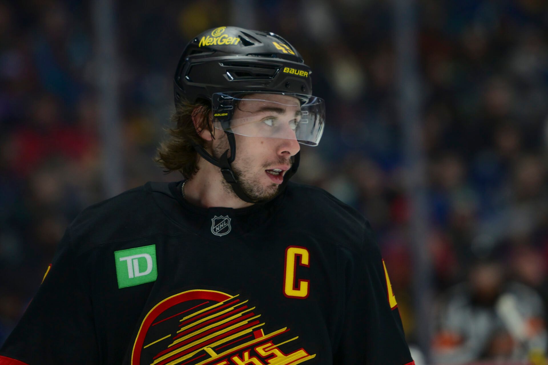 Vancouver Canucks defenseman Quinn Hughes (43) looks on during the second period against the Calgary Flames at Rogers Arena.