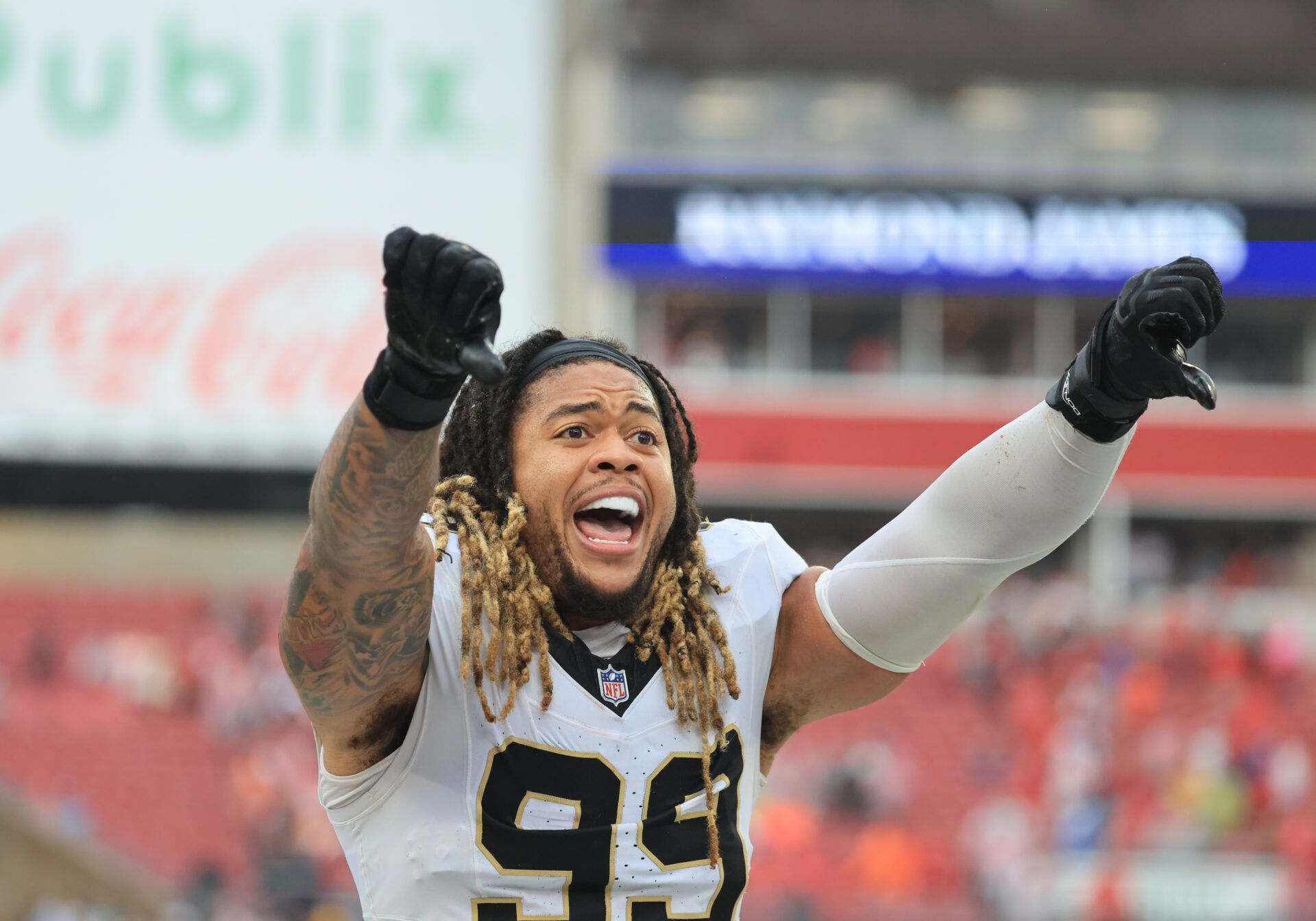 New Orleans Saints defensive end Chase Young (99) reacts after defeating the Tampa Bay Buccaneers at Raymond James Stadium.