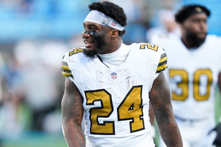 New Orleans Saints running back Devin Neal (24) looks on after the game against the Carolina Panthers at Bank of America Stadium.