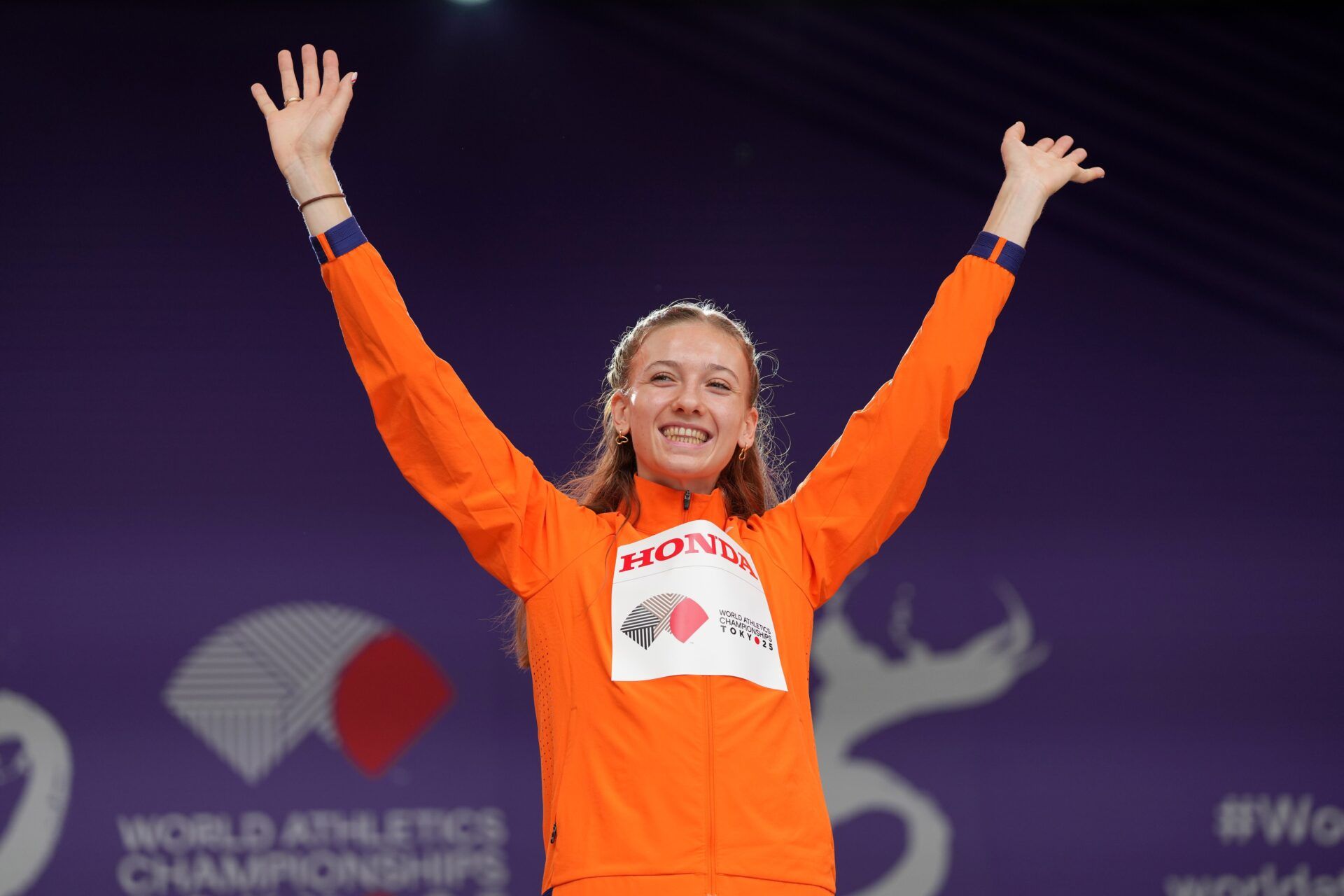 Femke Bol (NED) poses duirng the women's 400m hurdles ceremony during the World Athletics Championships at National Stadium.