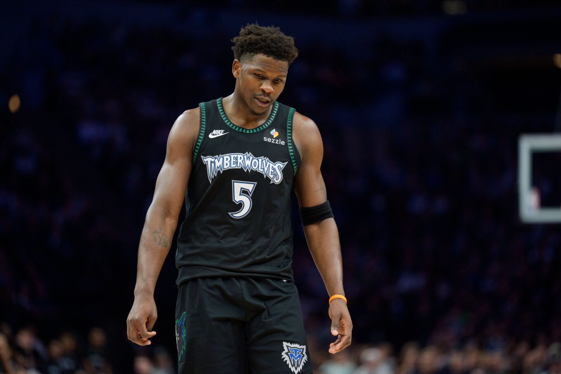 Minnesota Timberwolves guard Anthony Edwards (5) during a stoppage in play against the LA Clippers in the third quarter at Target Center.