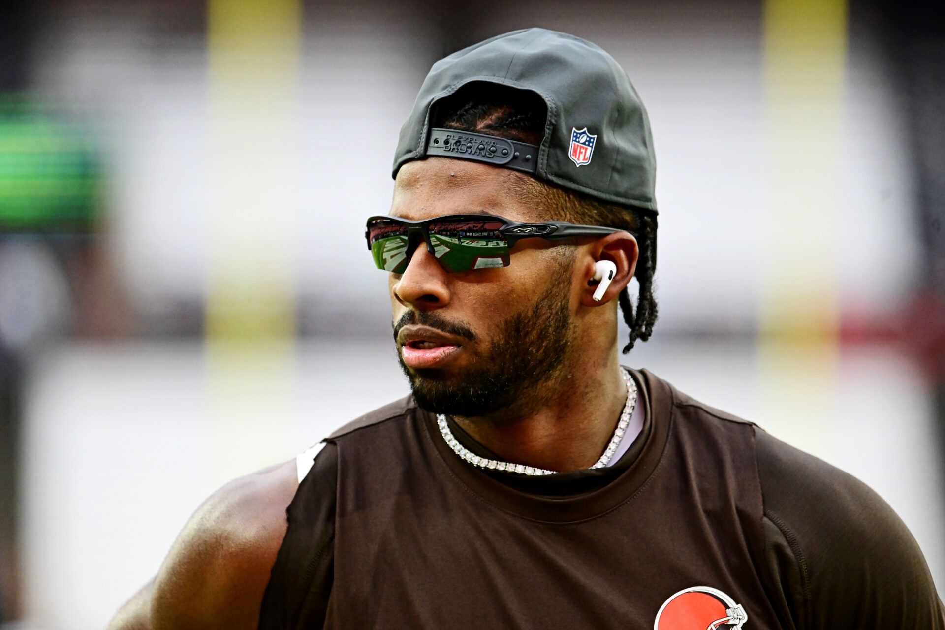 Cleveland Browns quarterback Shedeur Sanders (12) warms up before the game against the San Francisco 49ers at Huntington Bank Field.