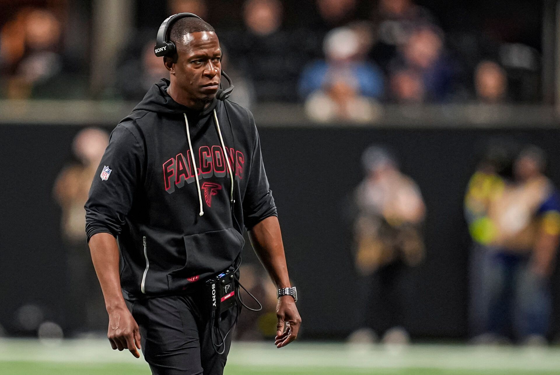 Atlanta Falcons head coach Raheem Morris on the field against the Seattle Seahawks during the second half at Mercedes-Benz Stadium.
