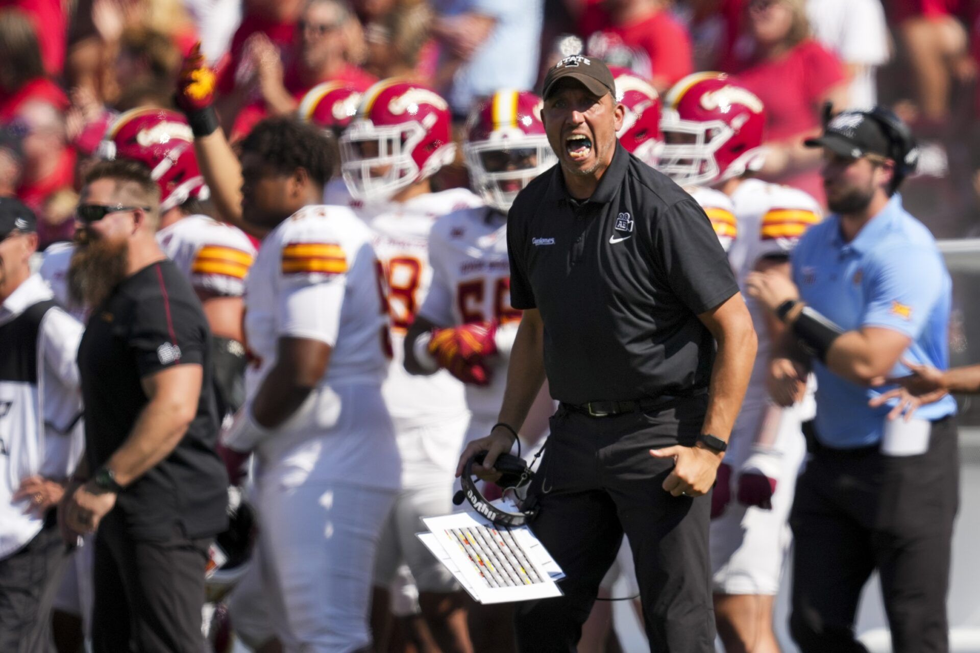 Iowa State Cyclones head coach Matt Campbell reacts from the sideline against the Cincinnati Bearcats in the second half at Nippert Stadium.