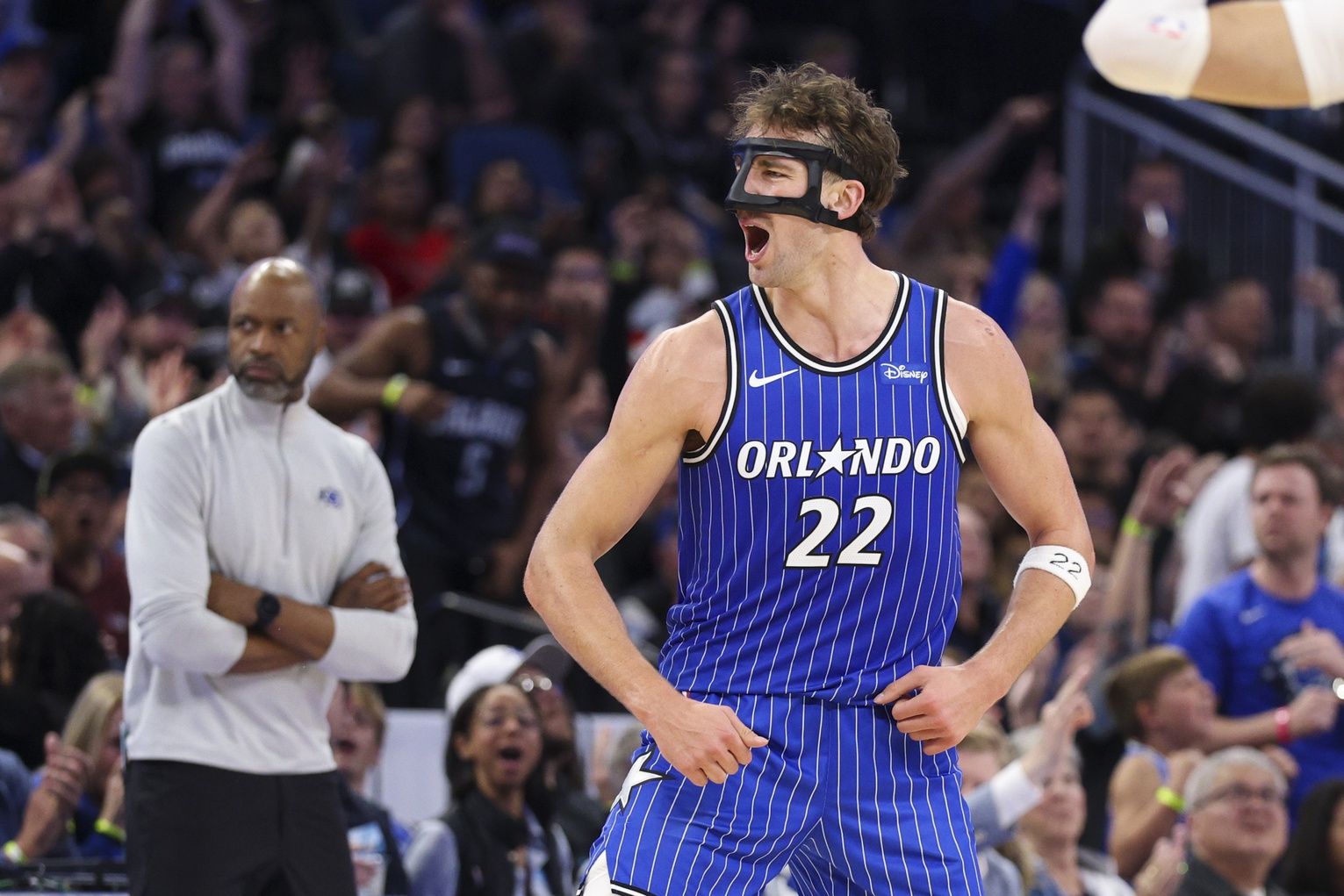 Orlando Magic forward Franz Wagner (22) reacts after a basket against the Miami Heat in the third quarter at Kia Center.