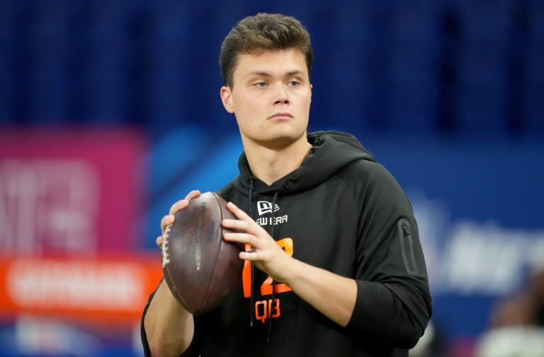 Indiana quarterback Kurtis Rourke (QB12) during the 2025 NFL Combine at Lucas Oil Stadium.