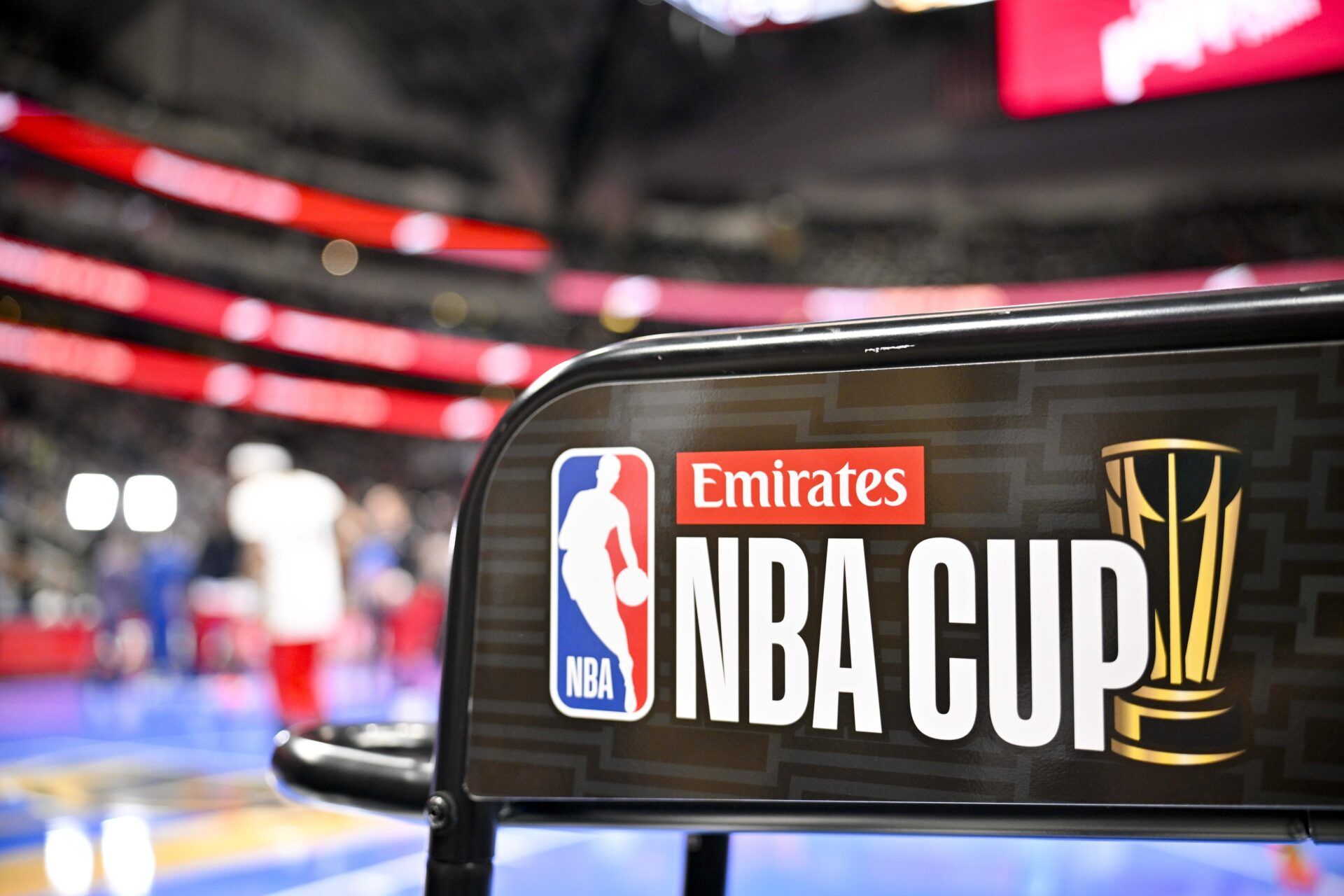 A view of the Emirates NBA Cup logo before the game between the Dallas Mavericks and the New Orleans Pelicans at the American Airlines Center.