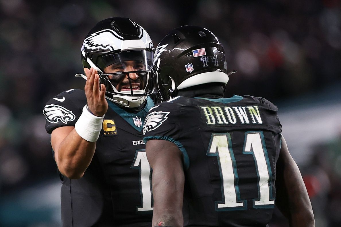 Philadelphia Eagles quarterback Jalen Hurts (1) and wide receiver A.J. Brown (11) celebrate a touchdown against the Chicago Bears during the third quarter of the game at Lincoln Financial Field.