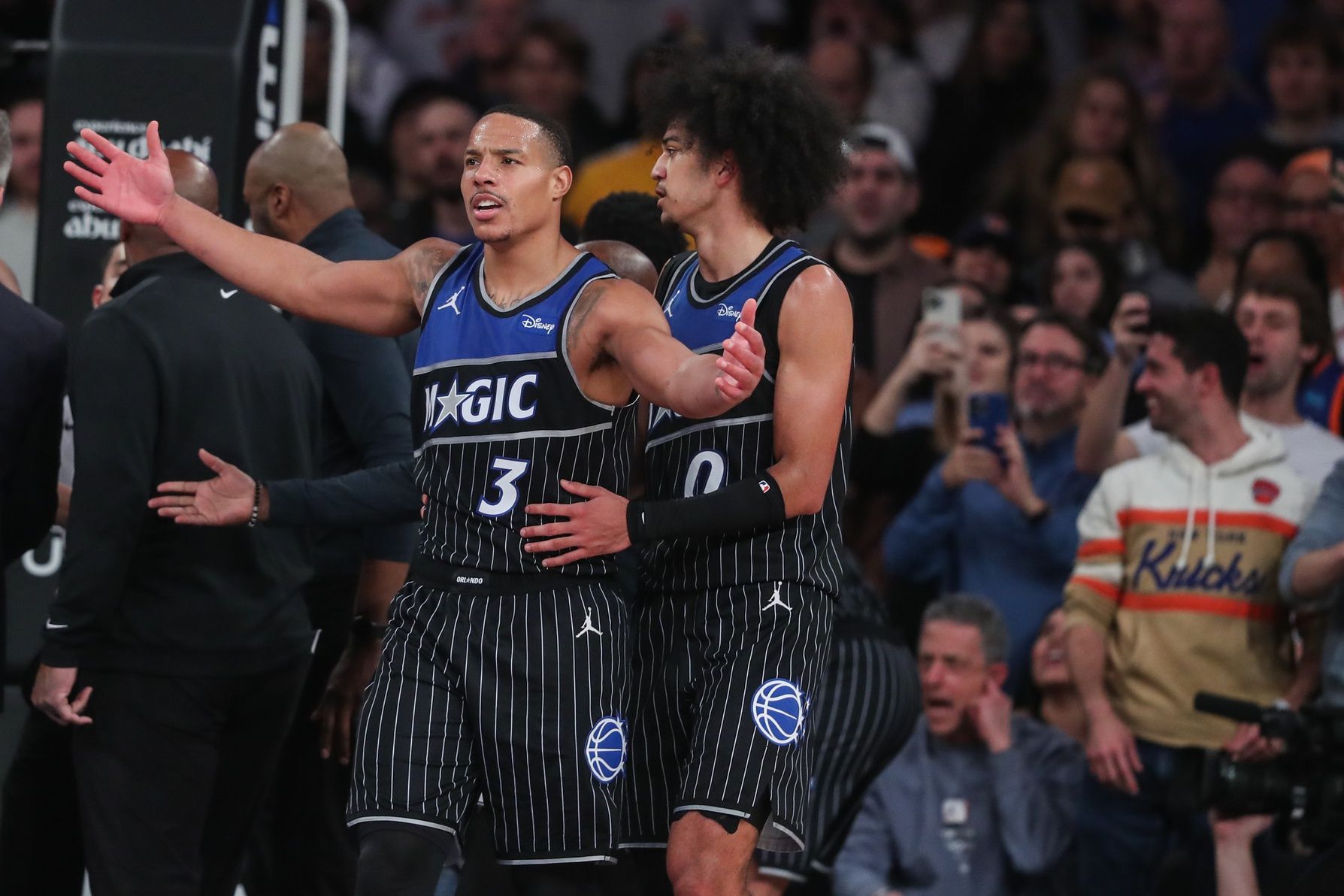 Orlando Magic guard Desmond Bane (3) reacts to a call in the fourth quarter against the New York Knicks at Madison Square Garden.