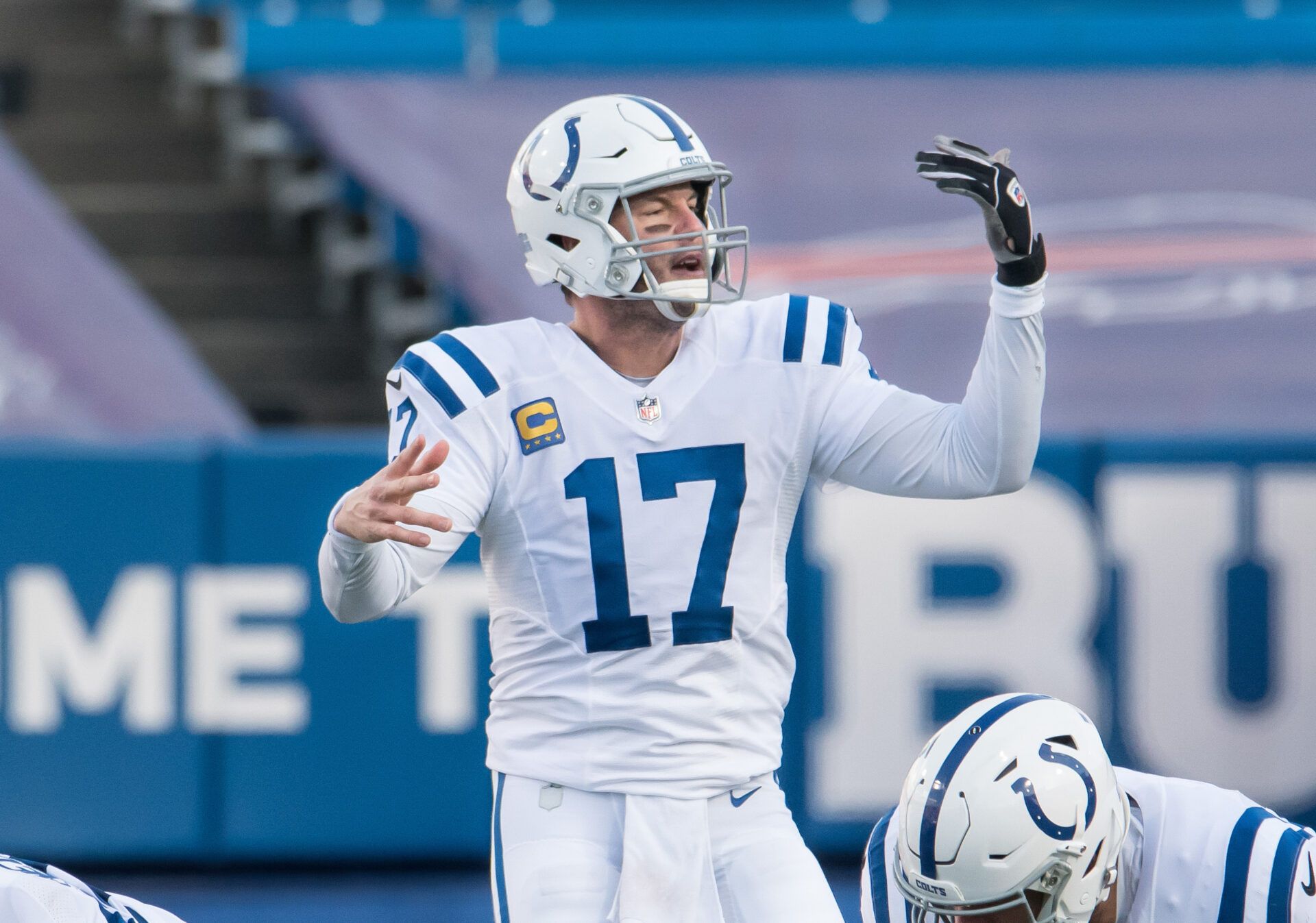 Indianapolis Colts quarterback Philip Rivers (17) makes an adjustment at the line of scrimmage in the third quarter wildcard playoff game against the Buffalo Bills at Bills Stadium.
