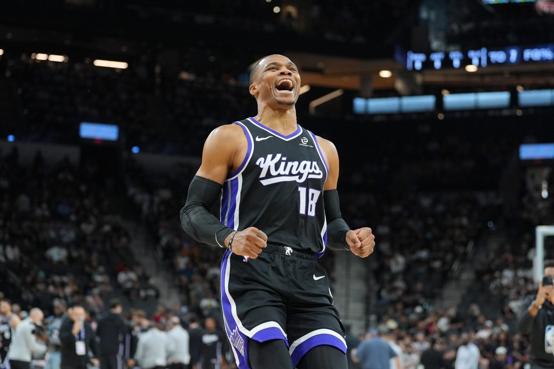 Sacramento Kings guard Russell Westbrook (18) runs onto the court before the game against the San Antonio Spurs at Frost Bank Center.