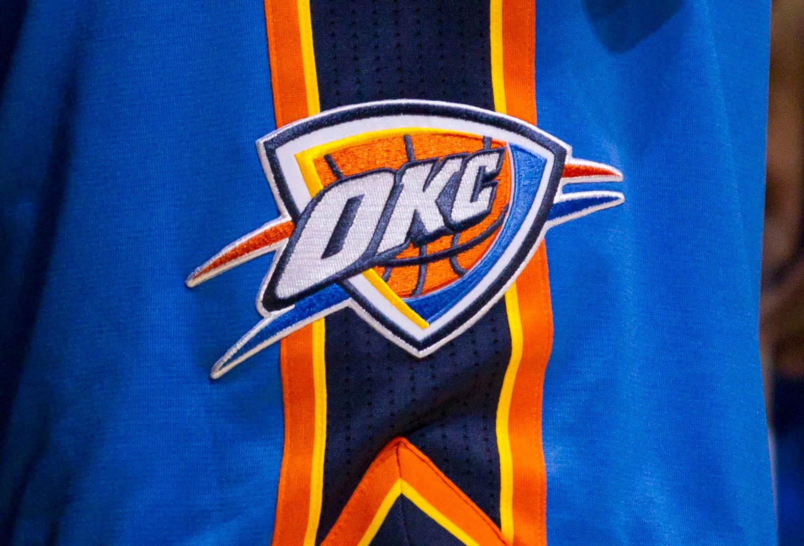 Oklahoma City Thunder logo on a players shorts during the game against the Milwaukee Bucks at the Bradley Center.  The Thunder defeated the Bucks 82-81.