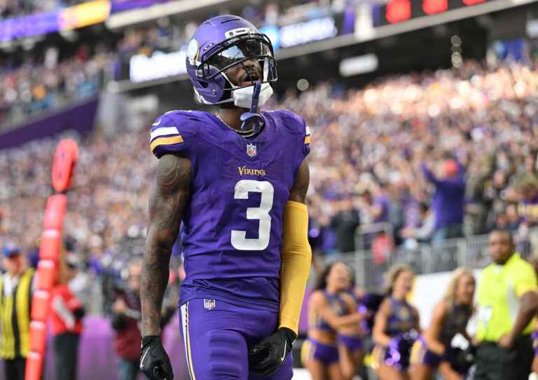 Minnesota Vikings wide receiver Jordan Addison (3) celebrates after scoring a touchdown during the fourth quarter against the Chicago Bears at U.S. Bank Stadium.